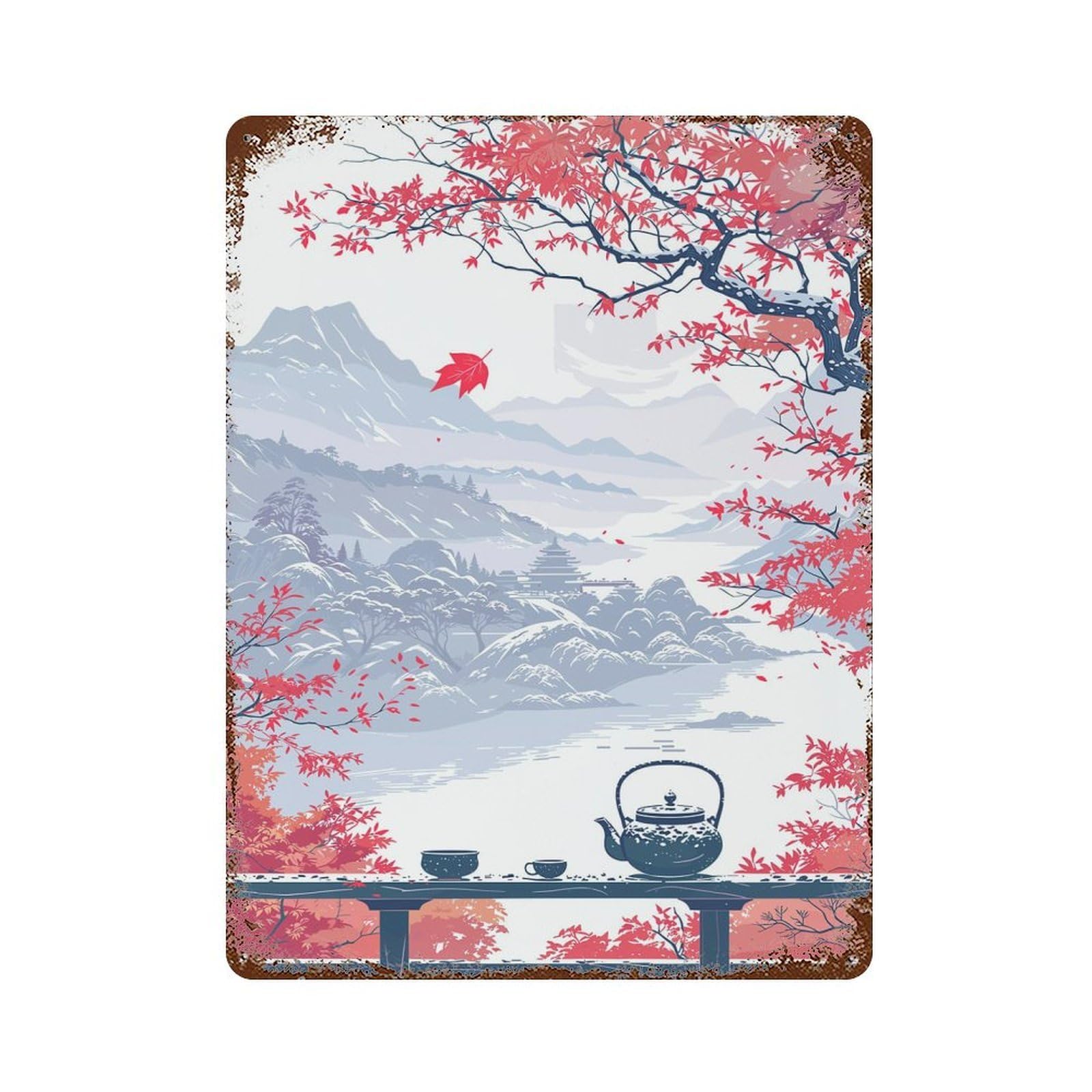 Japanese Tea Ceremony Landscape 15.7"x11.8" Rust Effect Tin Sign, Industrial Home Decor for Living Room, Hallway And Home Decor