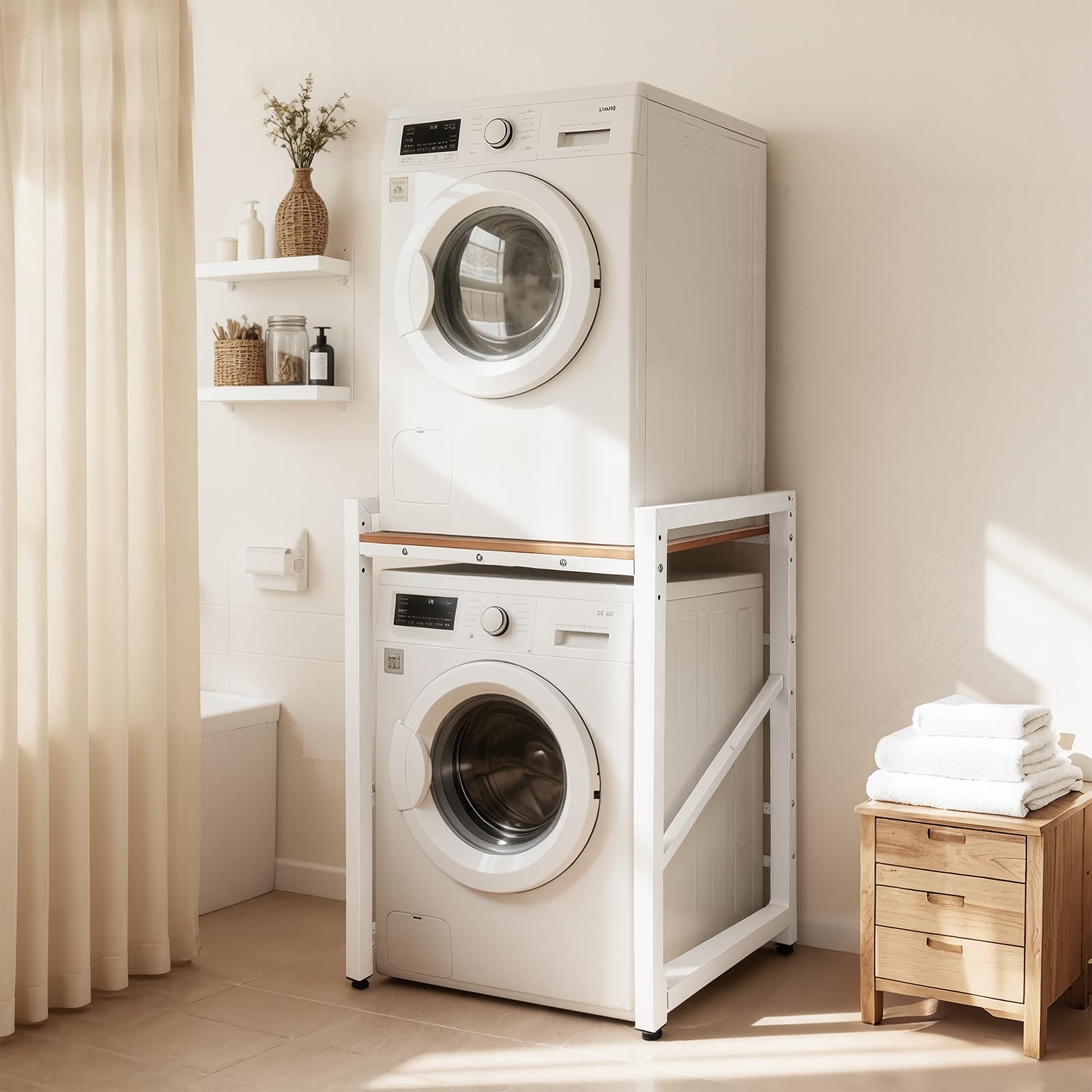 Regal über Waschmaschine, Tragkraft 350kg/770lbs Waschmaschinenschrank, Dreistufig Höhenverstellbar (90-95-100CM) Waschmaschinenregal, Verbindungsset für Waschmaschine und Trockner(73x63x105CM)