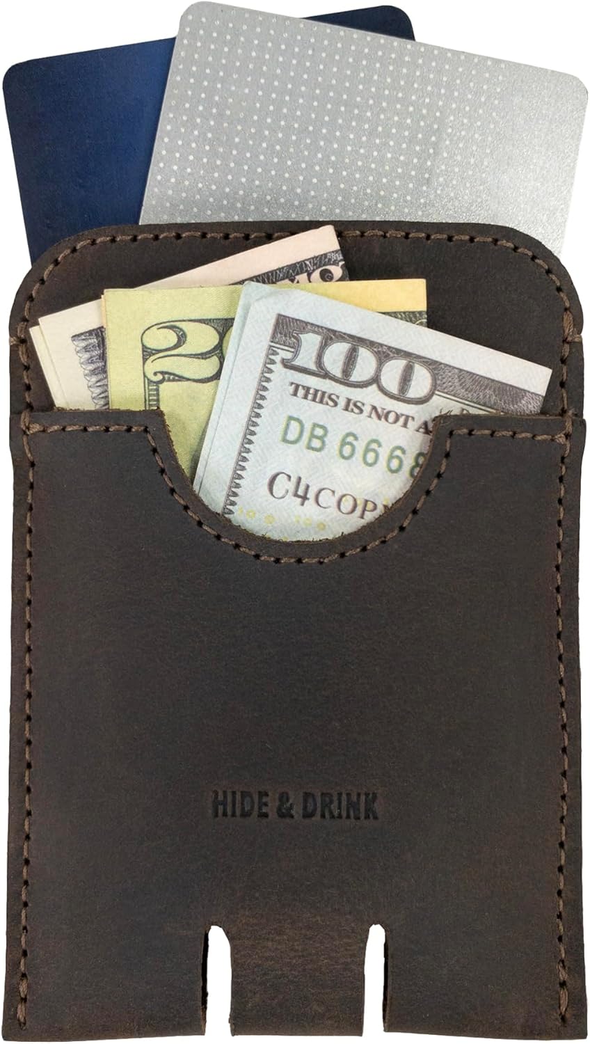 Hide & Drink, Business Push Card Holder, Minimalist Cash Organizer Handmade from Full Grain Leather - Bourbon Brown
