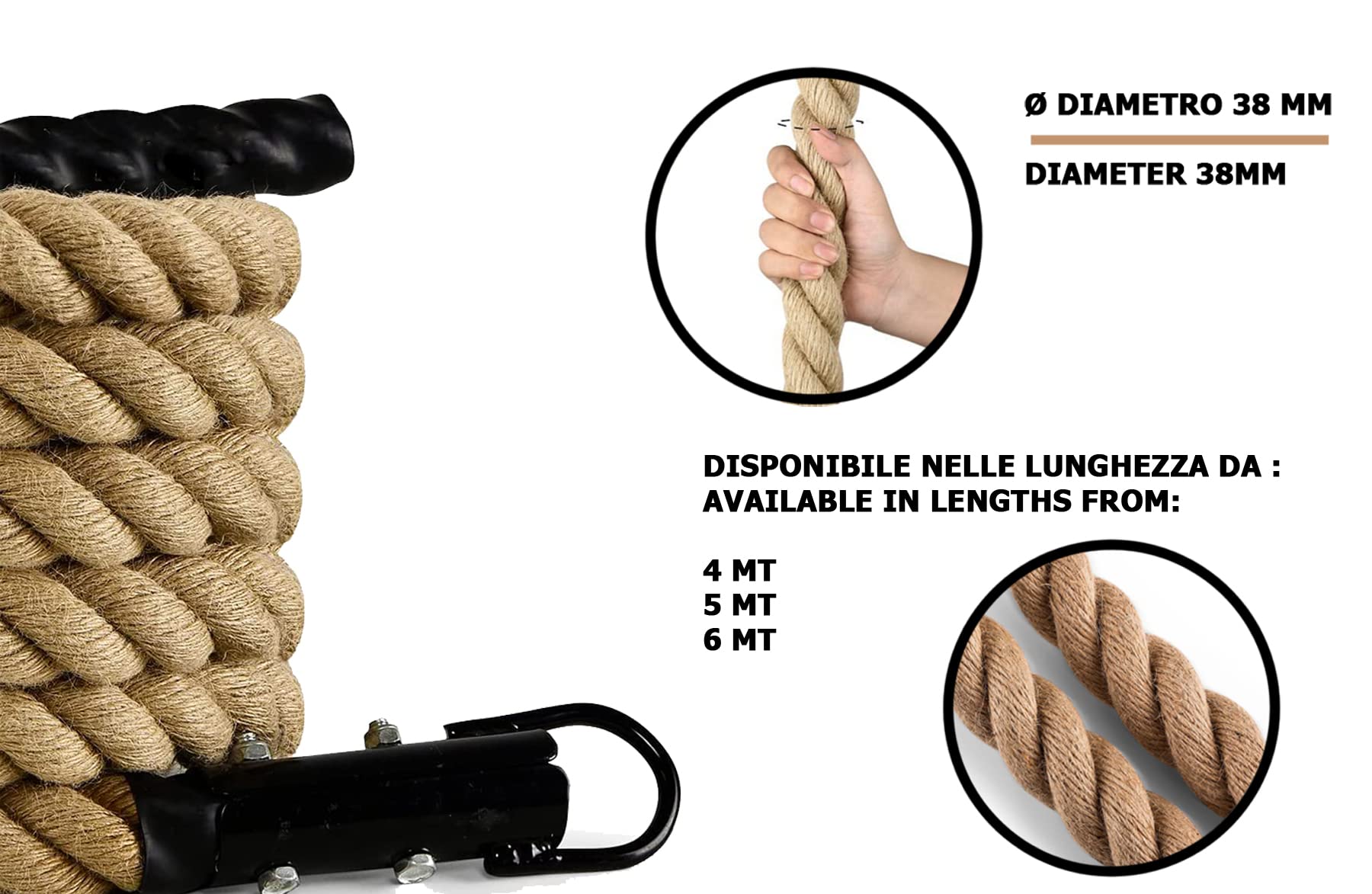 G5 HT SPORT Fune Corda da Arrampicata Diametro 38 MM | 4/5/6 MT | Canapa Intrecciata | Corda per Fitness Fune Arrampicata Potenziamento Allenamento Muscolare