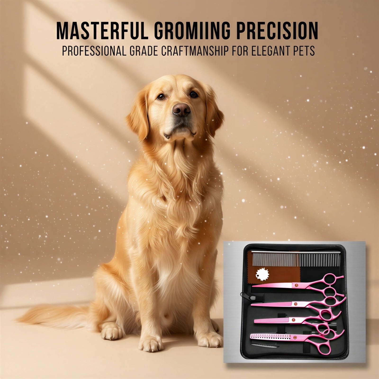 BOSREROY 8-TLG. Fellpflege-Scheren-Set für Hunde und Katzen, 17,8 cm Edelstahl gerade, ausdünnend und gebogen, mit Hundekamm, ergonomische Werkzeuge zum Schneiden der Haare in Pink