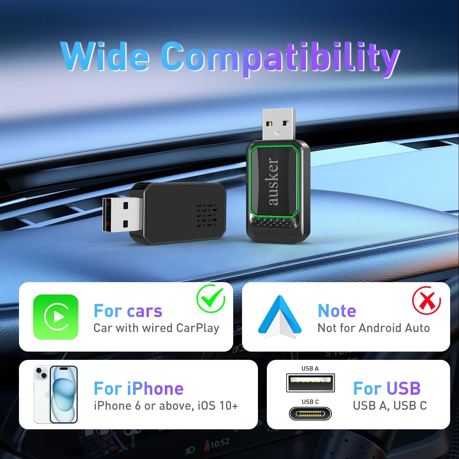 Wireless CarPlay Adapter for iPhone, Car Play Wireless Adapter Mini Size with USB A/USB C Extension Cable for Cars with Built in Wired CarPlay, Plug and Play, No Latency & Stable Connection