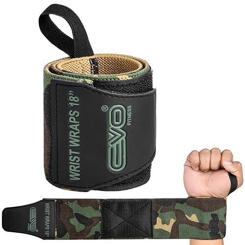 EVO Fitness Pair of 18” Deep Black Weight Lifting Wrist Wraps Support Elasticated Cotton Straps Thumb Loop Powerlifting Bodybuilding Strength Gym Training Workout (Camo Green) - Camo Green