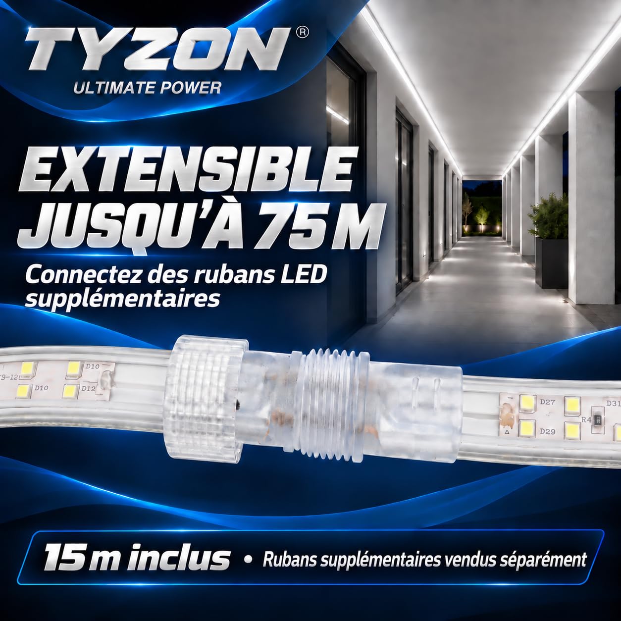 TYZON Ruban LED 15 m, 6000 K, 1000 lm/m, IP65, 230 V