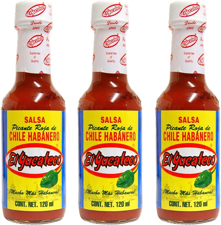 El Yucateco Habanero Red 120ml (Pack 3) / Red Habanero Pepper Hot Sauce, Spicy Mexican Salsa