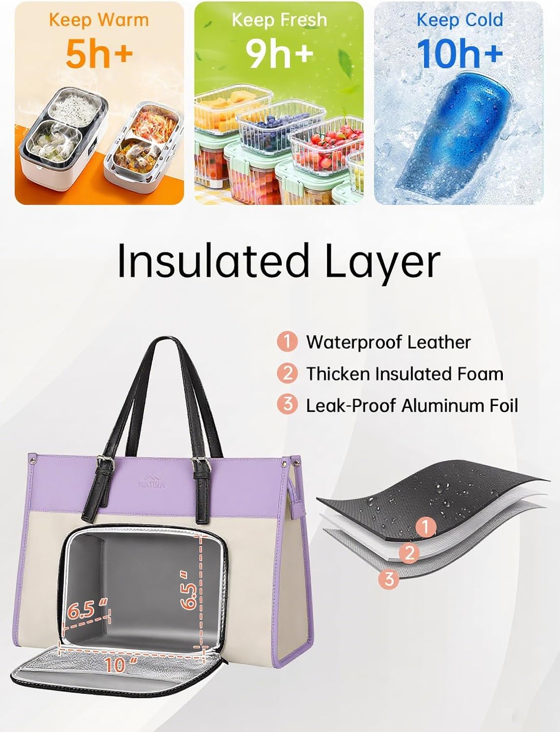 MATEIN Work Tote with Lunch Compartment, PU Leather 15.6 Inch Laptop Lunch Bags, Lightweight Lunch Purse Women with Laptop Compartment for Travel, Picnic, Ladies Gift, Light Purple - Image 4