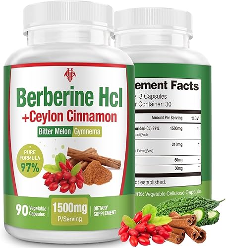 Suplemento de berberina de 1500 mg  Berberina HCl de primera calidad 97% pureza Berberina más canela de Ceilán pura, berberina de alta potencia para