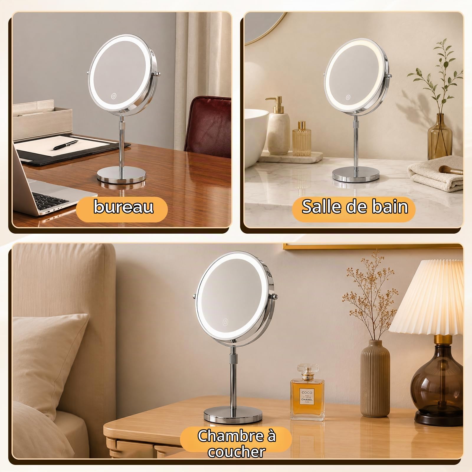 iklestar 20cm Mirroir Maquilleur Lumineux, 10x Rechargeable Miroir Grossissant Lumineux sur Pied, Portable LED Rond Miroir de Table avec Rotation à 360°,3 Couleurs Lumière, Argent