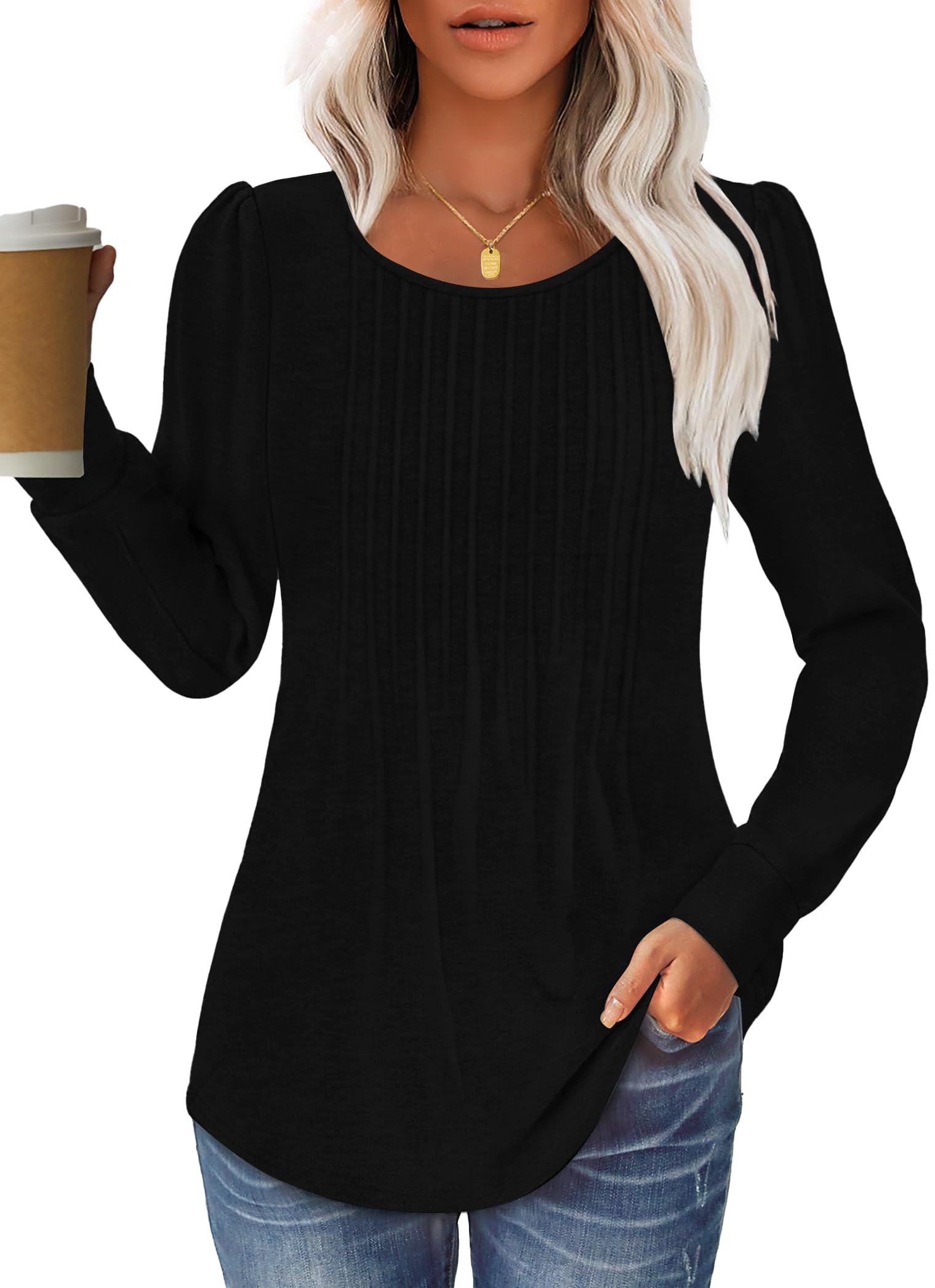 Women Long Sleeve Shirts Fall Tops Dressy Pleated Scooped Neck Tunic Tops for Leggings S-3XL
