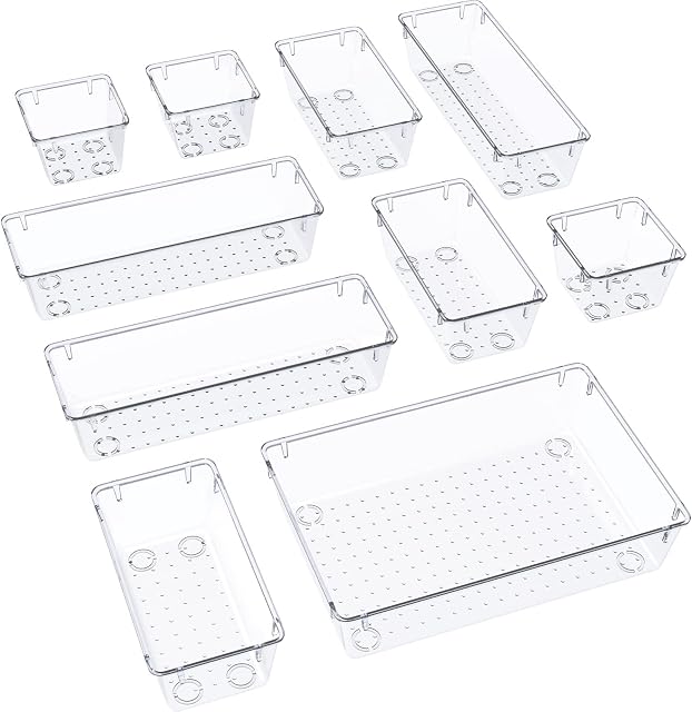 MUAEEOK 10 PCS Clear Plastic Drawer Organizers Set, 4-Size Versatile Bathroom and Vanity Drawer Organizer Trays, Storage Bins for Makeup, Jewelries, Kitchen Utensils and Office