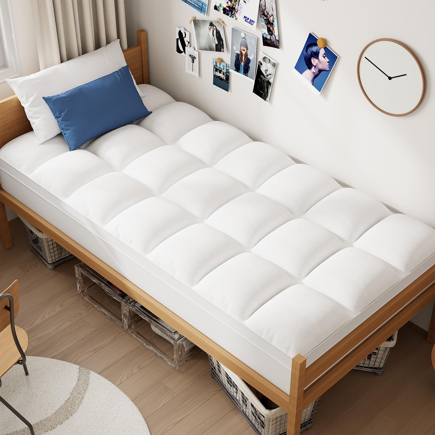 Twin XL Mattress Topper for College Dorm Room Essentials, Thick Extra Long Twin Mattress Pad for Back Pain Relief, Plush Pillowtop with Elastic Deep Pocket, Overfilled Down Alternative Filling