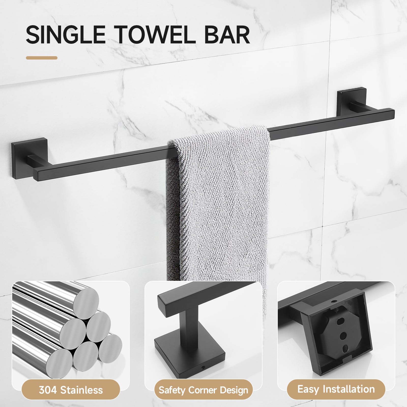 TQKAG 5-teiliges Badezimmer-Set – Gebürstetes Gold, SUS304 Edelstahl, Handtuchstange 60 Cm