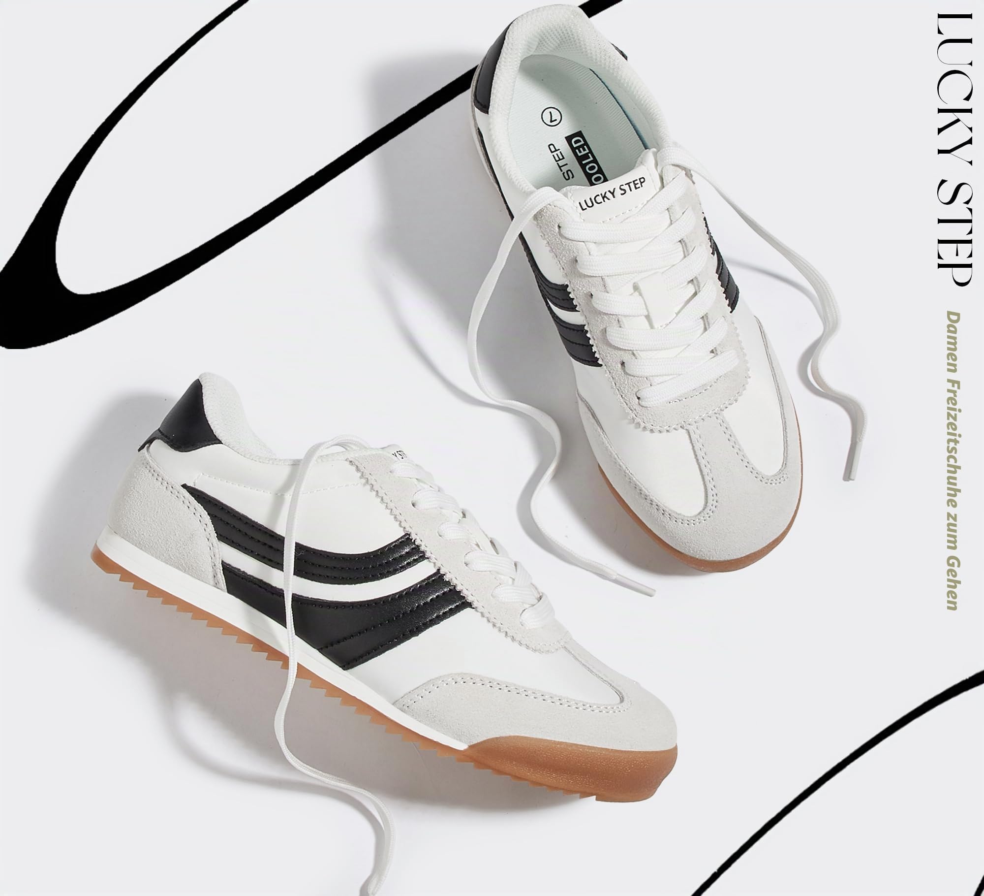 LUCKY STEP Damen Sneakers im Retro-Design | Leichte Freizeitschuhe mit dünner Profilsohle und Schnürung | rutschfest für Fitness, Walking und den Alltag