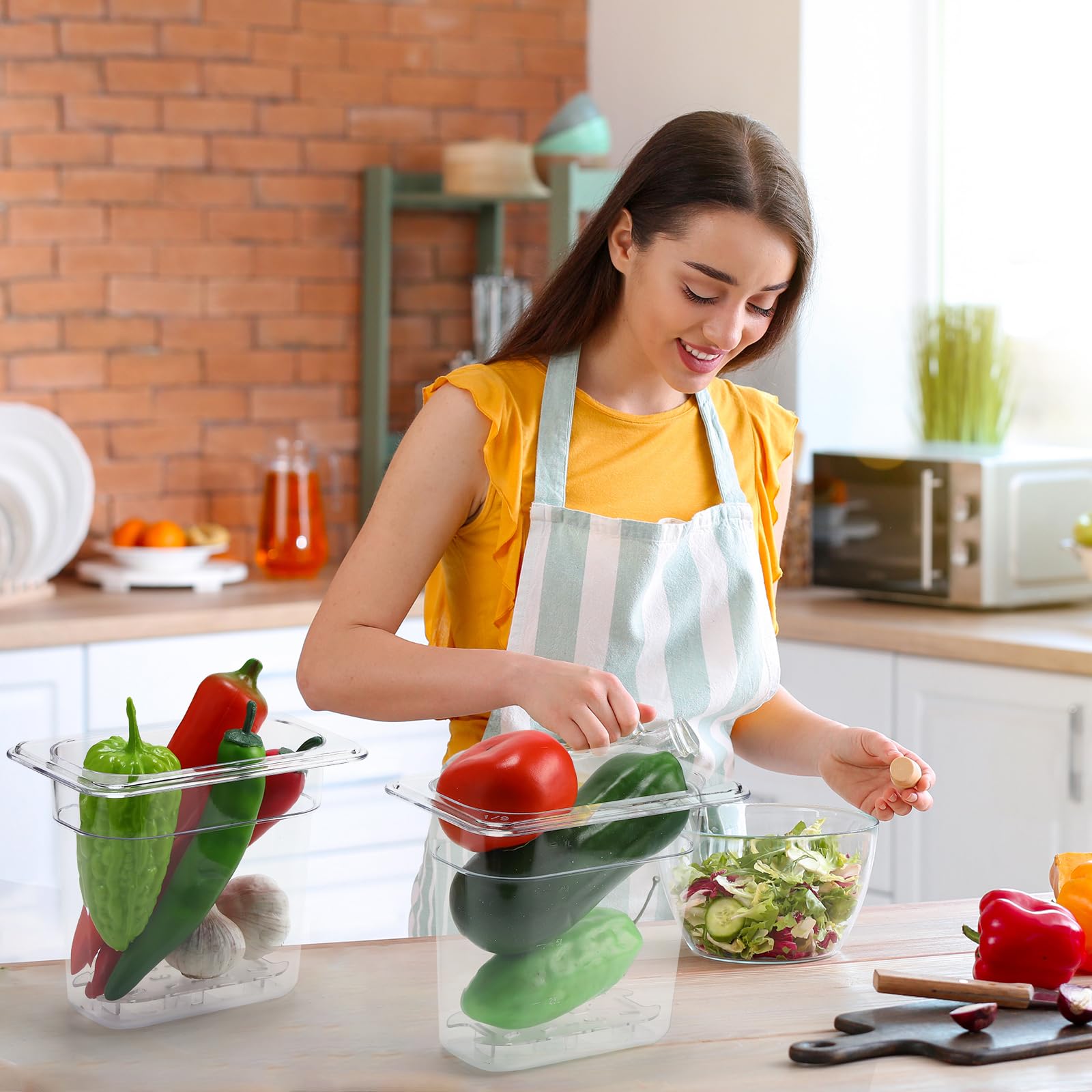 Sunnyray Juego de 6 sartenes de policarbonato de tamaño 1/9 con tapas y estante de drenaje, recipientes cuadrados profundos para almacenamiento de alimentos para cocina, restaurante, frutas y verduras