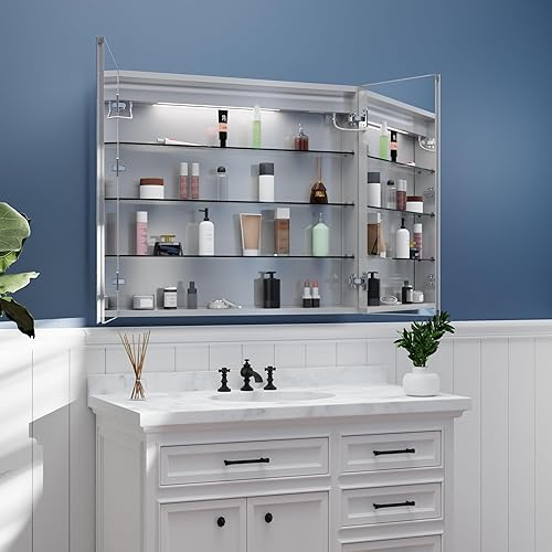 Miniatura 8 de ExBrite Botiquín de baño con iluminación LED con espejo, 36 x 32 pulgadas, botiquín empotrado o de superficie, reloj, pantalla de temperatura