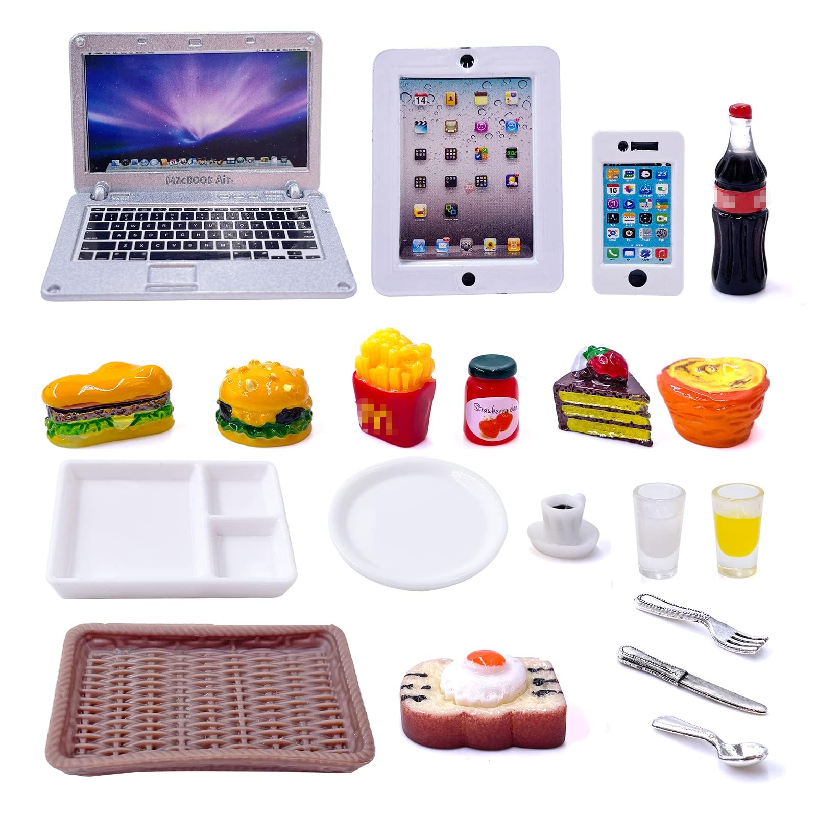HKLMRO 20Pcs Miniature Laptop Computer Tablet Toy Phone Pad and Hamburger Fries Cola Fast Food Cake Coffee Juice Fits Doll Accessories Scale Dollhouse Playsets Girl Mini Drink Food Party - dollhouse accessories | Mubboo