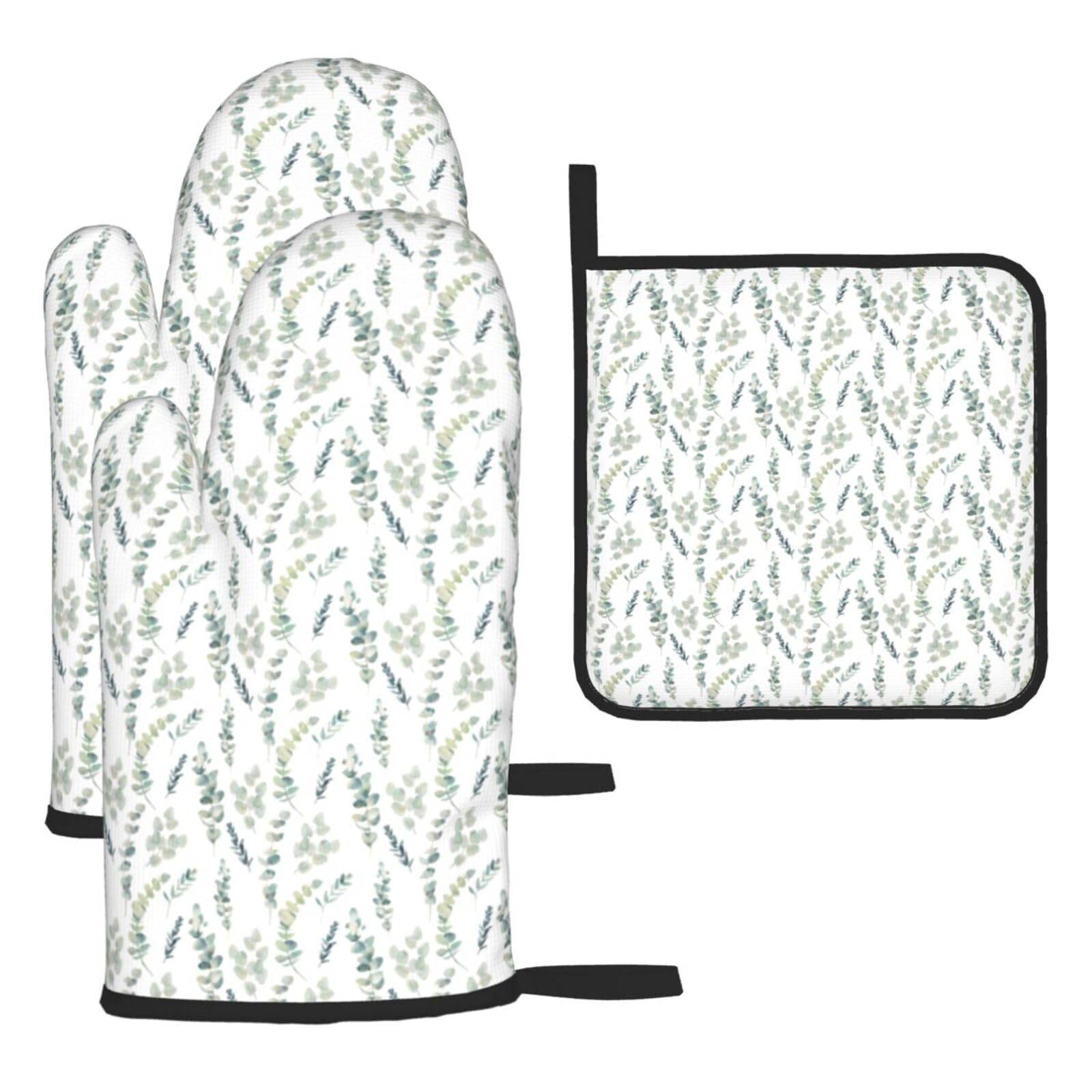 Eucalyptus Leaves Print Oven Set Kitchen Gloves Baking Grilling Microwaving Cooking Gift Everyday Holiday