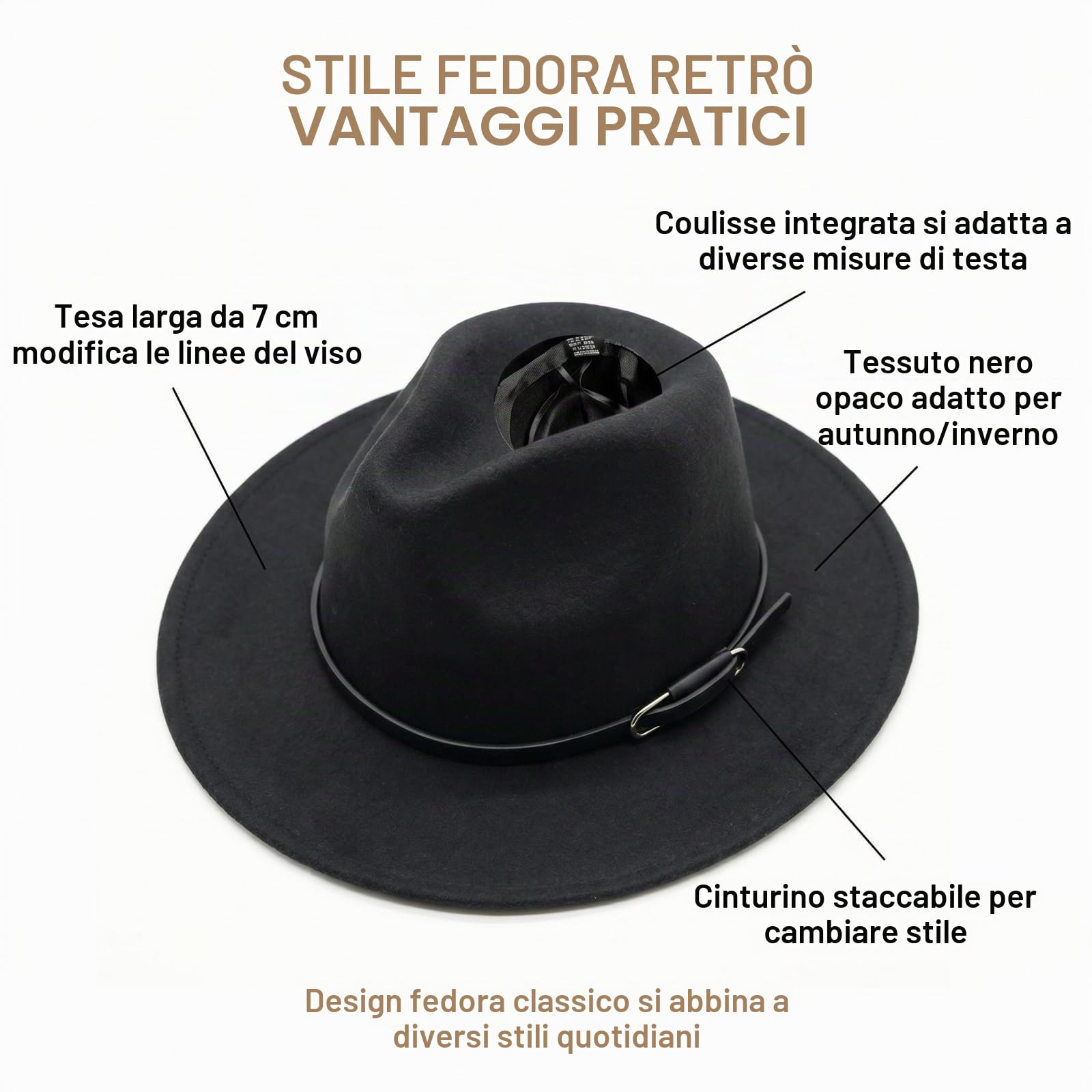 Ericotry Cappello Fedora con tesa larga – Classico cappello in feltro nero con fibbia per cintura, Trilby, Panama, stile derby, Nero , m