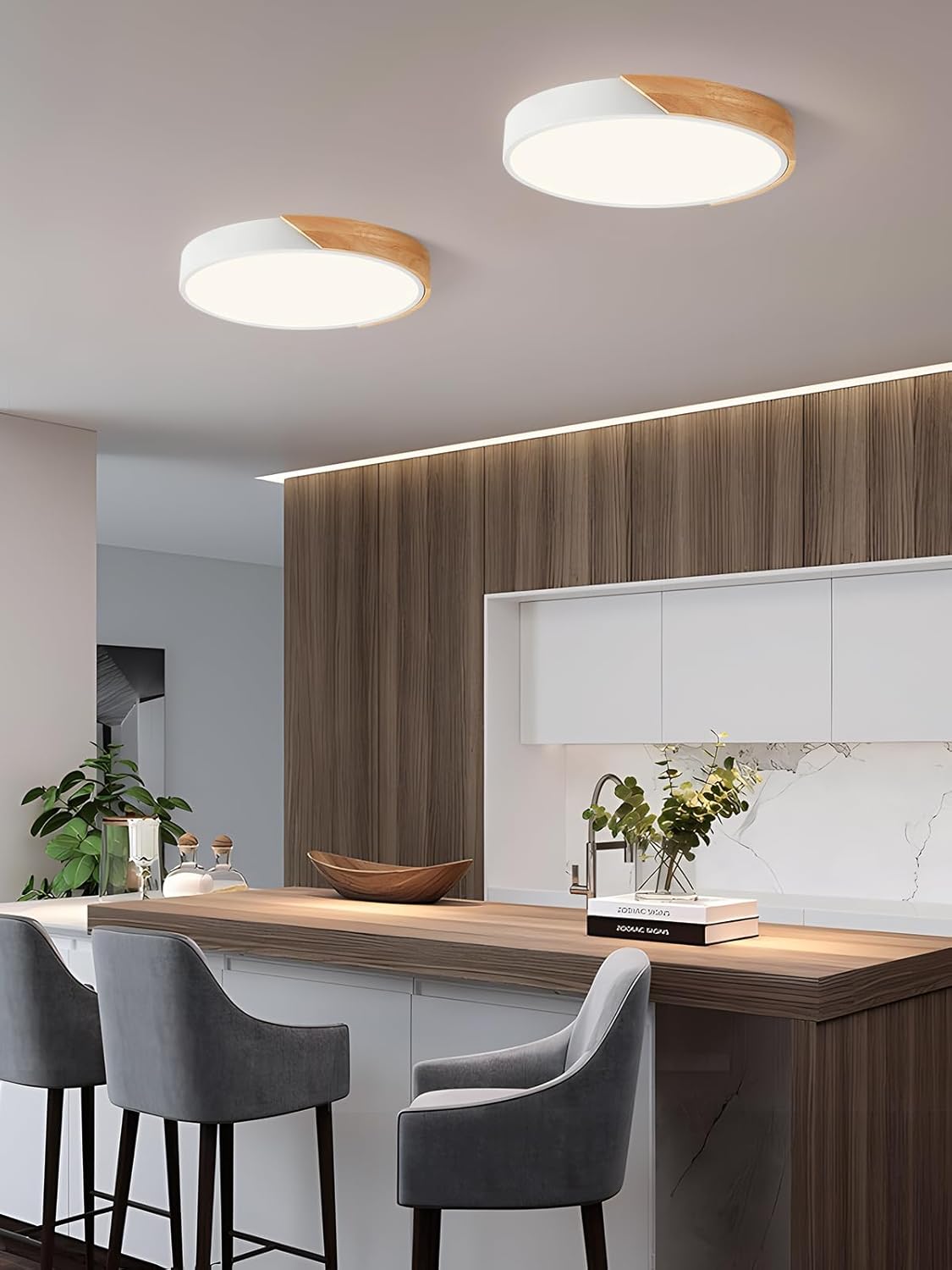 Modern Dimmable White LED Ceiling Light, 2700 K - 6000 K 5CCT Wood Flush Mount Ceiling Lighting Fixtures, Minimalist Round Ceiling Lamp for Living Room Bedroom Kitchen Hallway（15.8in）