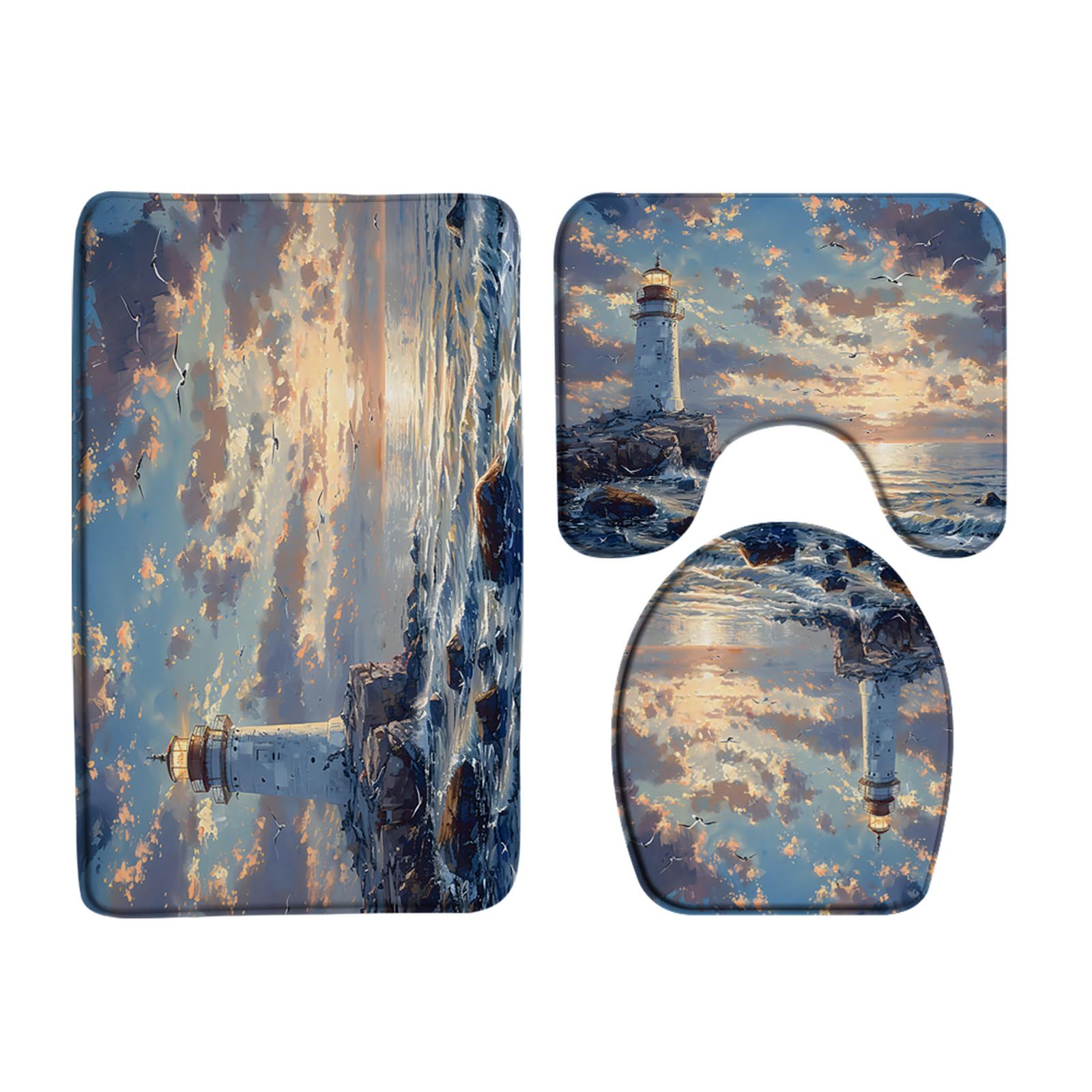 WANVYON 3Pcs Lighthouse Bath Mat Sets Sunet Ocean Beach Waves Seagull Nautical Coastal Landscape Bathroom Rugs,U-Shaped and Toilet Seat Cover
