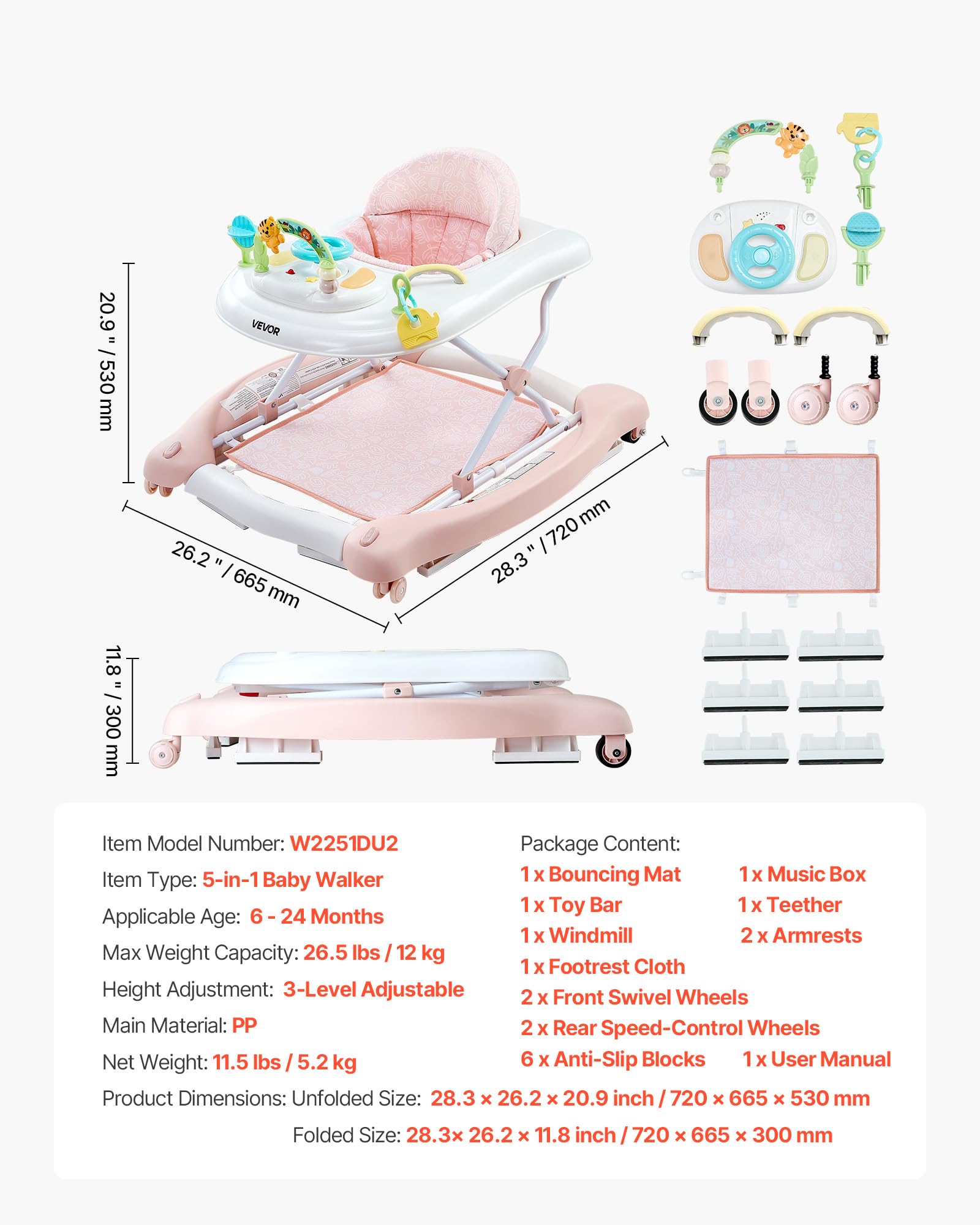 VEVOR Andador 5 en 1, Centro de Actividades Plegable con Ruedas, con Altura Ajustable y Cómodo Asiento de Respaldo Alto, Ayuda Antivuelco para Niños de 6 a 24 Meses, 720 x 665 x 530 mm, Rosa
