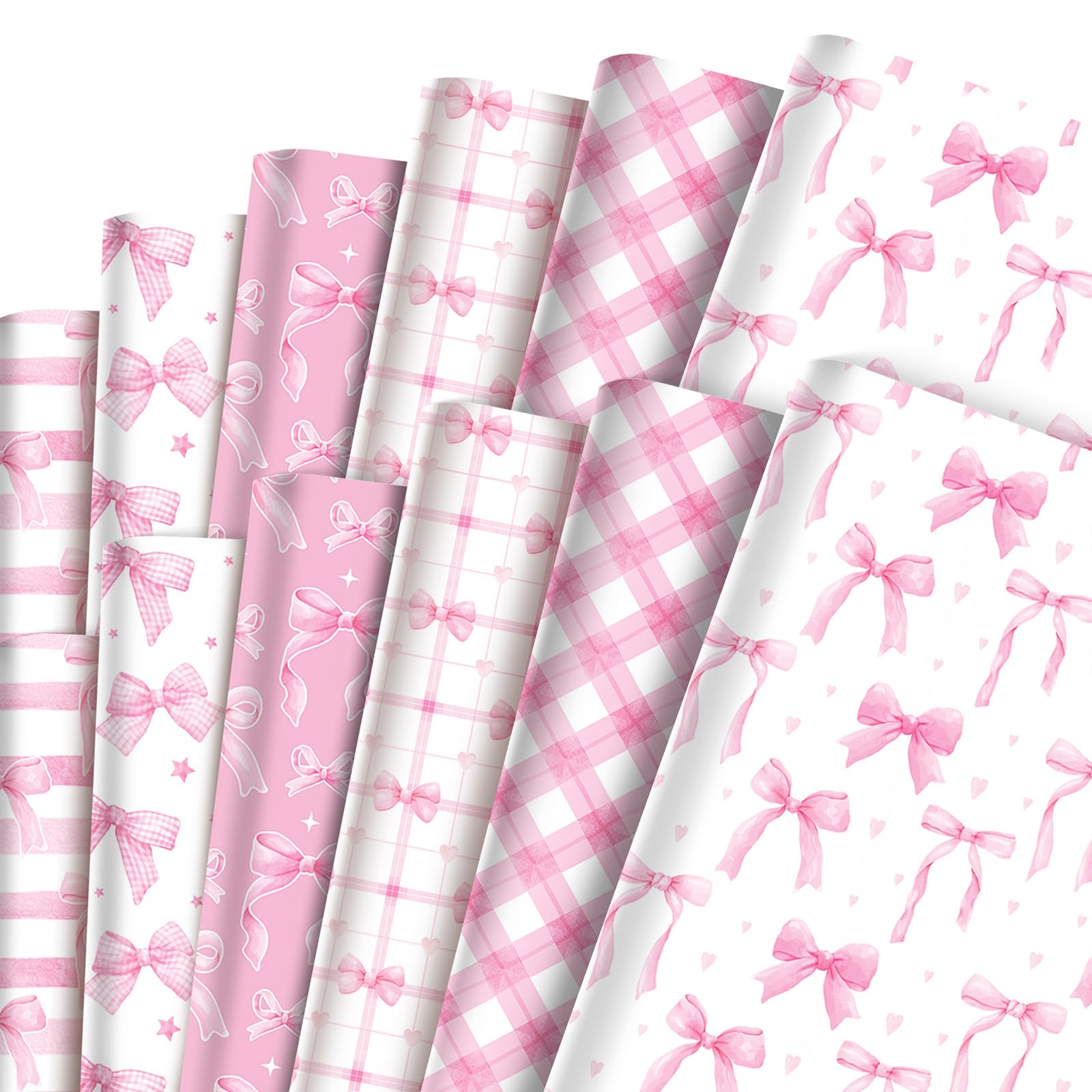 12Pcs Pink Bow Wrapping Paper, Birthday Wrapping Paper Designed with Pretty Pink Bow for Mother Day, Valentine Day, Easter, Baby Shower, Party (White and pink)