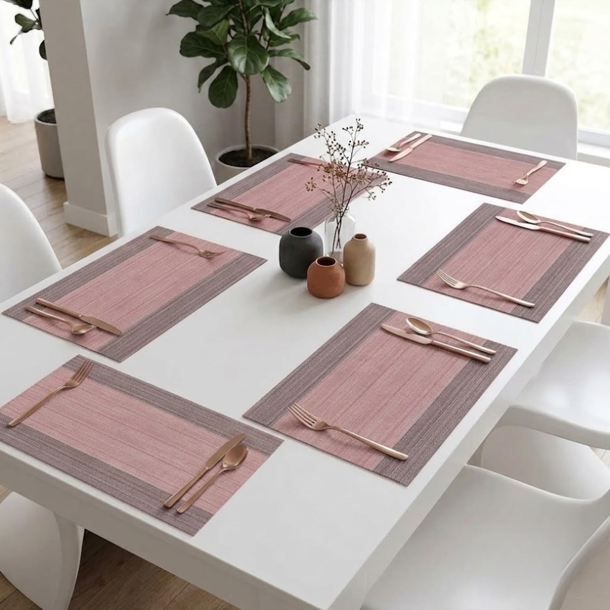 daiDokoro Rectangular Crossweave Woven PVC Vinyl Non-Slip Insulation Heat-Resistant & Waterproof Stain Resistant Washable Placemat for Dining & Kitchen Table-(Peach & Brown,Set of 6)