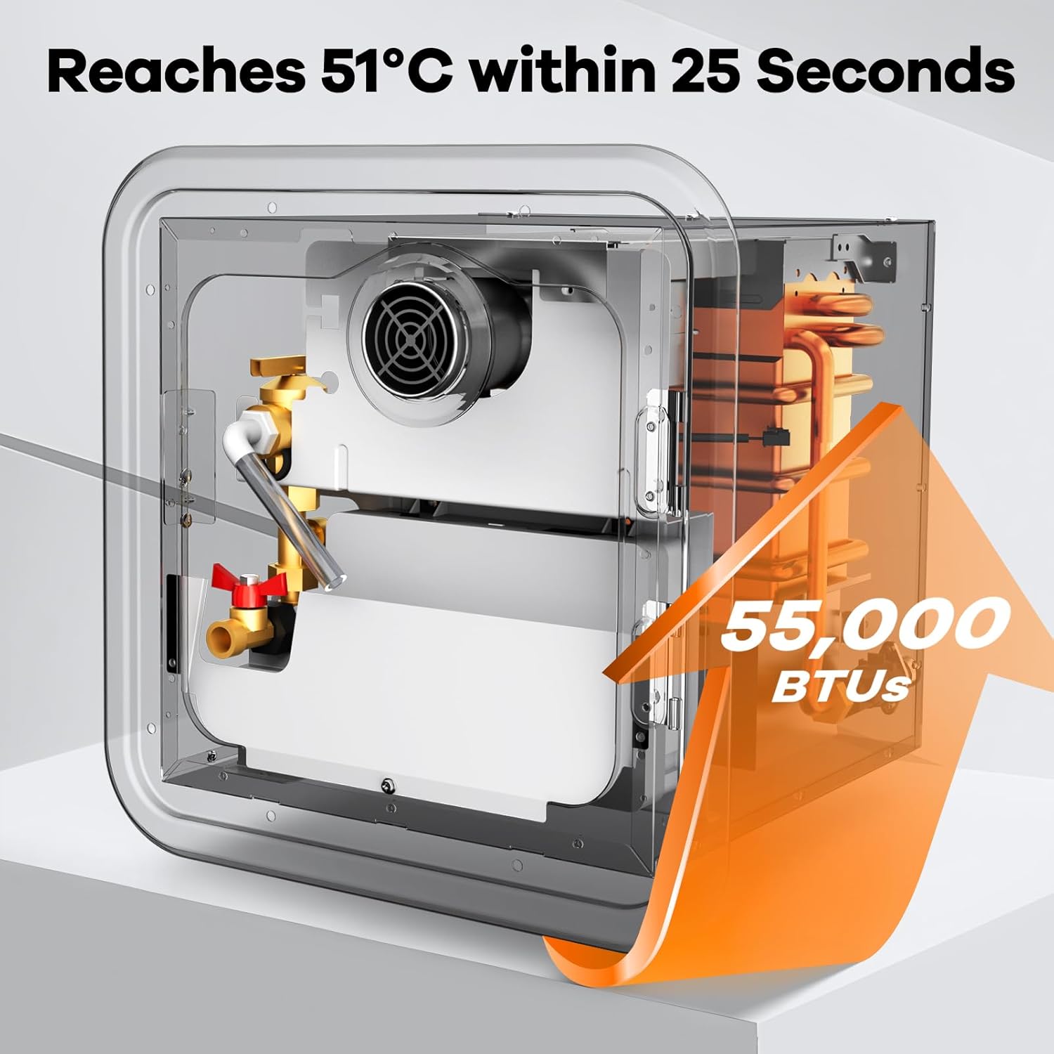 RV Tankless Water Heater, 55000 BTUs Instant Hot Water Heater with 15 x 15 inches Door & Remote Controller, DC 12V MAX 3.9GPM, Propane Gas Power Technology, Compatible with All RVs(White)