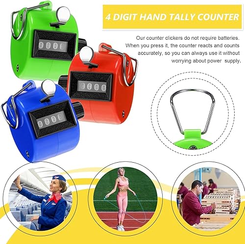 Miniatura 27 de TOODOO Paquete de 6 contadores de mano de 4 dígitos mecánicos de palma, contador de clics de plástico con anillo de dedo de metal para contar Rojo