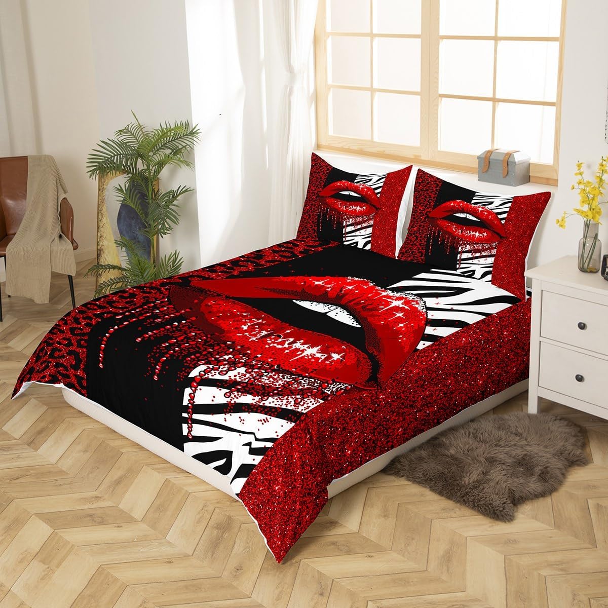 Glitter Lips Duvet Cover Set Queen Size, Red Sequins Sparkling Comforter Cover with 2 Pillowcases, Black White Leopard Zebra Print Bedding Set for Kids Girls Animals Skin Bedspread Cover,No Comforter