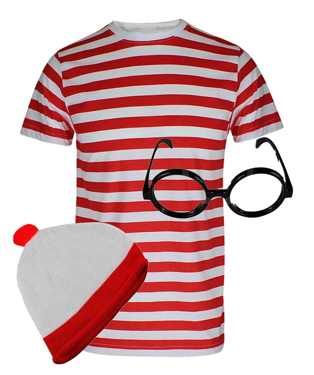 T-shirt Uomo A Righe Rosse E Bianche, Cotone, Girocollo, Maniche Corte, Con Set Di Occhiali, Ideale Per Feste A Tema E Festival