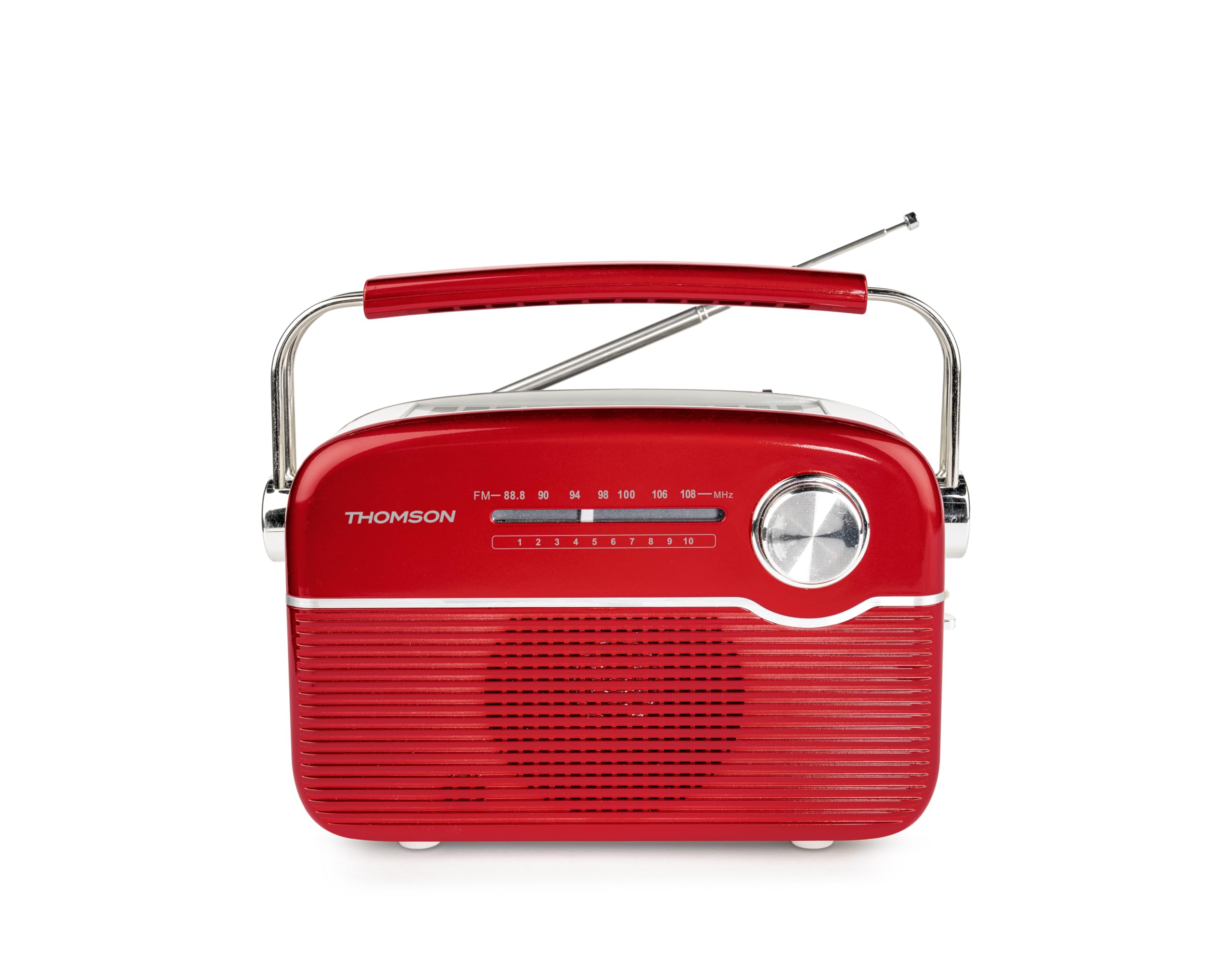 Thomson RT450BTR - Radio FM con Bluetooth y Carga Solar, Antena telescópica, Toma USB-C para Carga, Cable Incluido, Toma AUX 3,5mm, Rojo