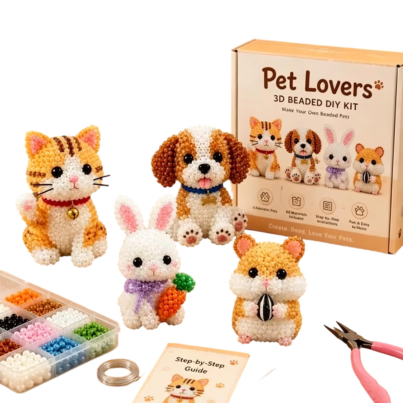 ​3D Beaded Animals, Bead Embroidery Kits, Crafts for Adults, Pet Lovers 3D Beaded DIY Kit, Creative ABS Bead Set with Instructions, Handmade Art Gift for Teens Beginners