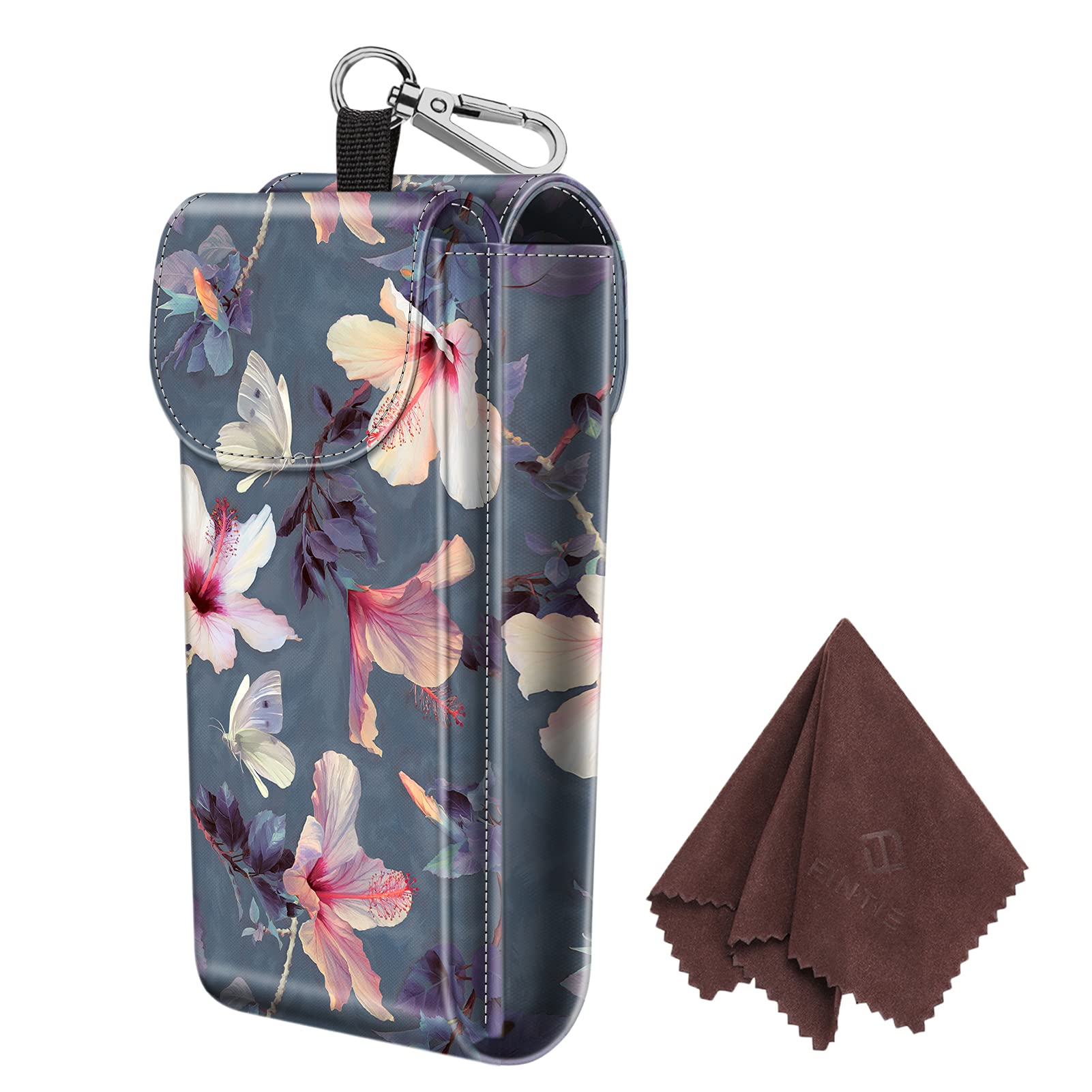 FINTIE Double Glasses Case with Carabiner Hook, Portable Vegan Leather Eyeglass Case Anti-scratch Sunglasses Pouch, Blooming Hibiscus, Large
