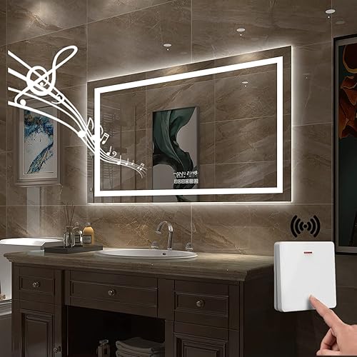 GESIPOR Espejo LED de baño de 40 x 32 pulgadas con interruptor de pared de altavoz inalámbrico, espejos de tocador iluminados para montaje en la