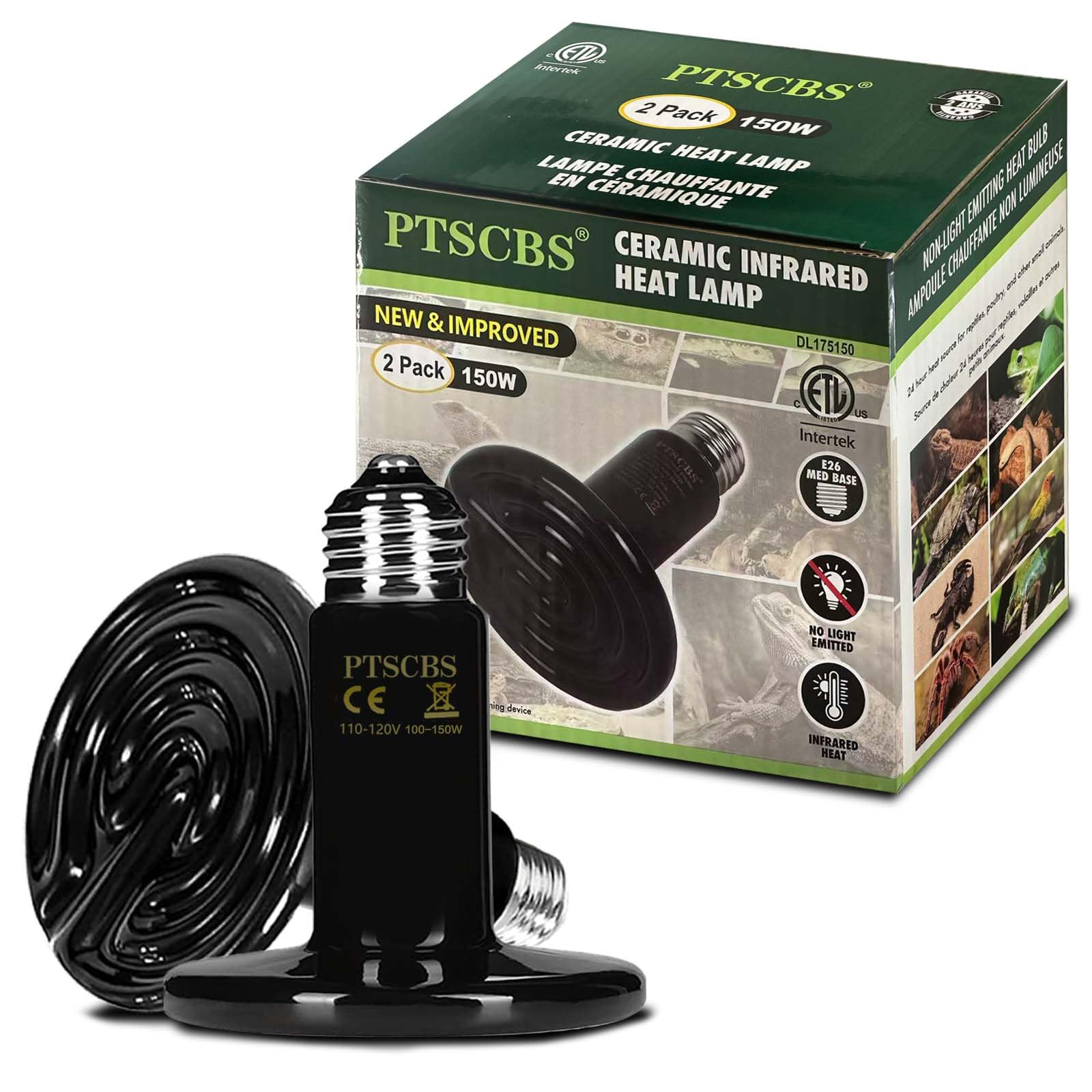 150W Ceramic Heat Emitter (2-Pack) - Reptile Heat Lamp Bulb, No Light Coil Emitter for Terrariums, Brooders & Chicken Coops - E26 Base for Bearded Dragon, Snake, Lizard, Turtle