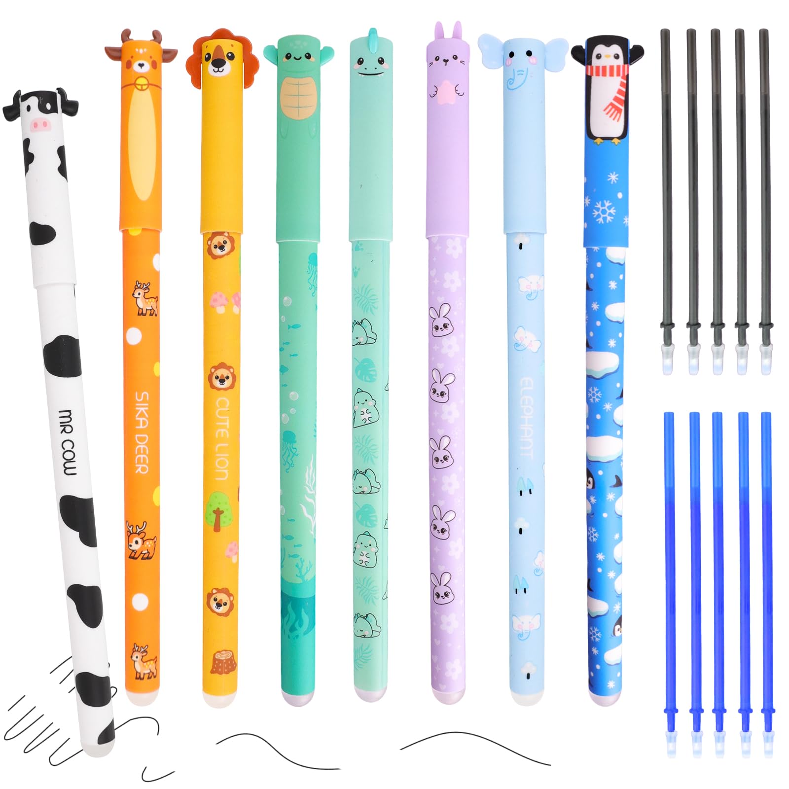 Kaempe Erasable Pens Animals, 8 Pcs Animal Pen That Rub Out With 10 Pcs Refills, Cartoon Erasable Gel Pens, Cute Rub Out Pen With Eraser For Office, School Stationery Supplies
