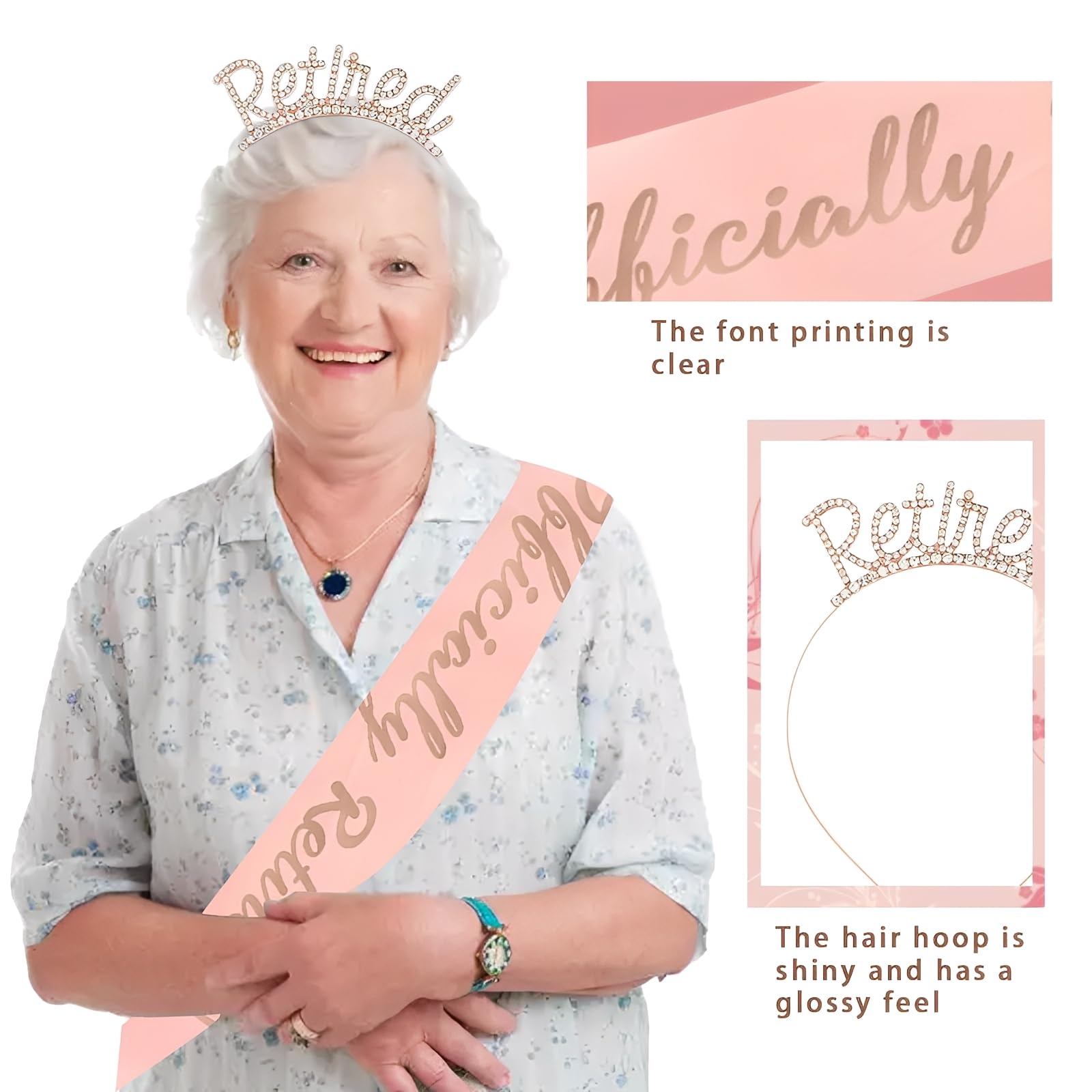 Retirement Sash and Tiara Set,Elegant Rose Gold Retirement Sash for Women,Happy Retired Party Decorations,for Women's Classic Happy Retired Rhinestone Headband and Sashes Party Decorations - Image 4