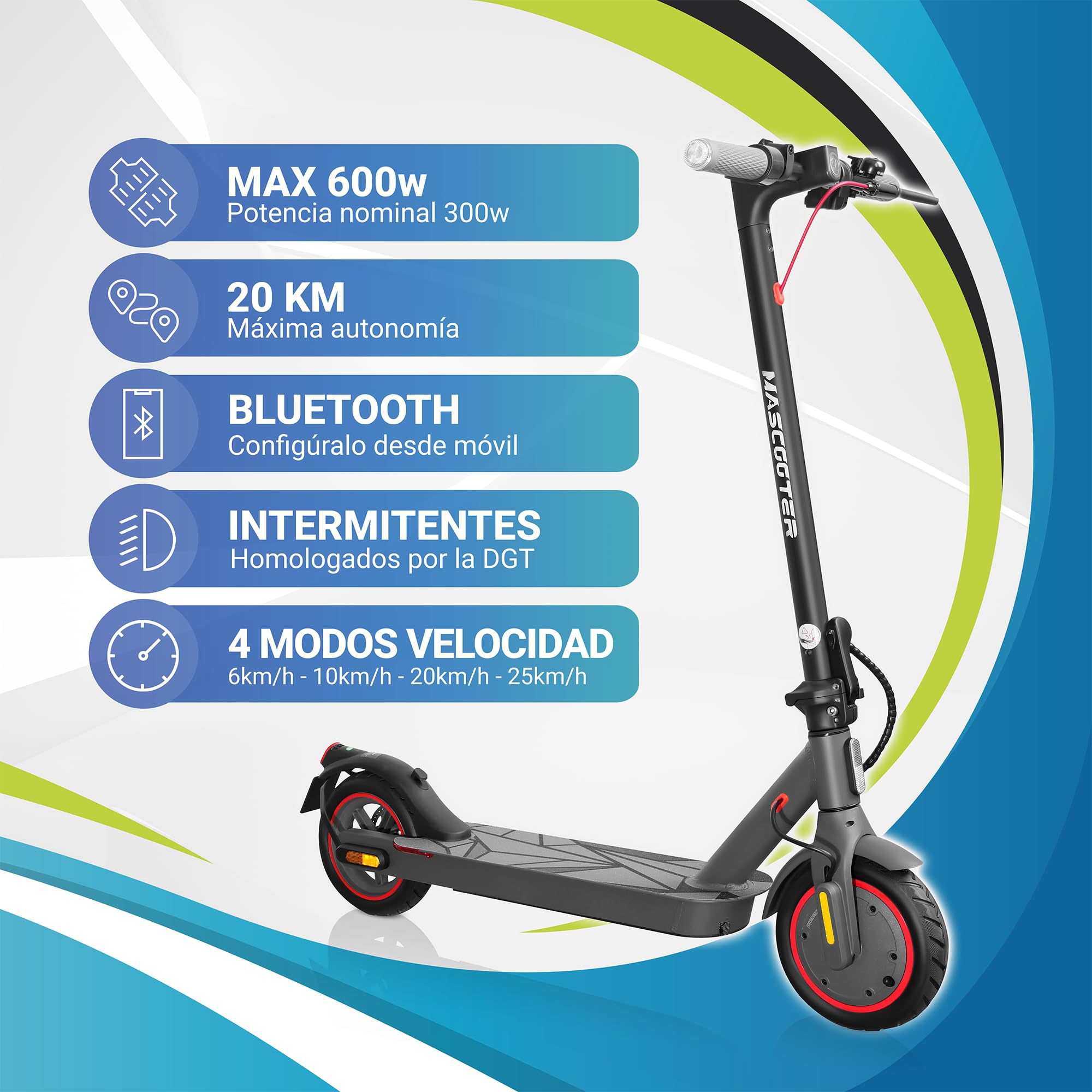 MASCOOTER S1 | Patinete Eléctrico Adultos Homologado con Talleres en España | 600W | 20 km | 3 Años de Soporte | Homologado DGT | Intermitentes | Ruedas 9.5" Aire | Regeneración al Frenar (AER) | HPB