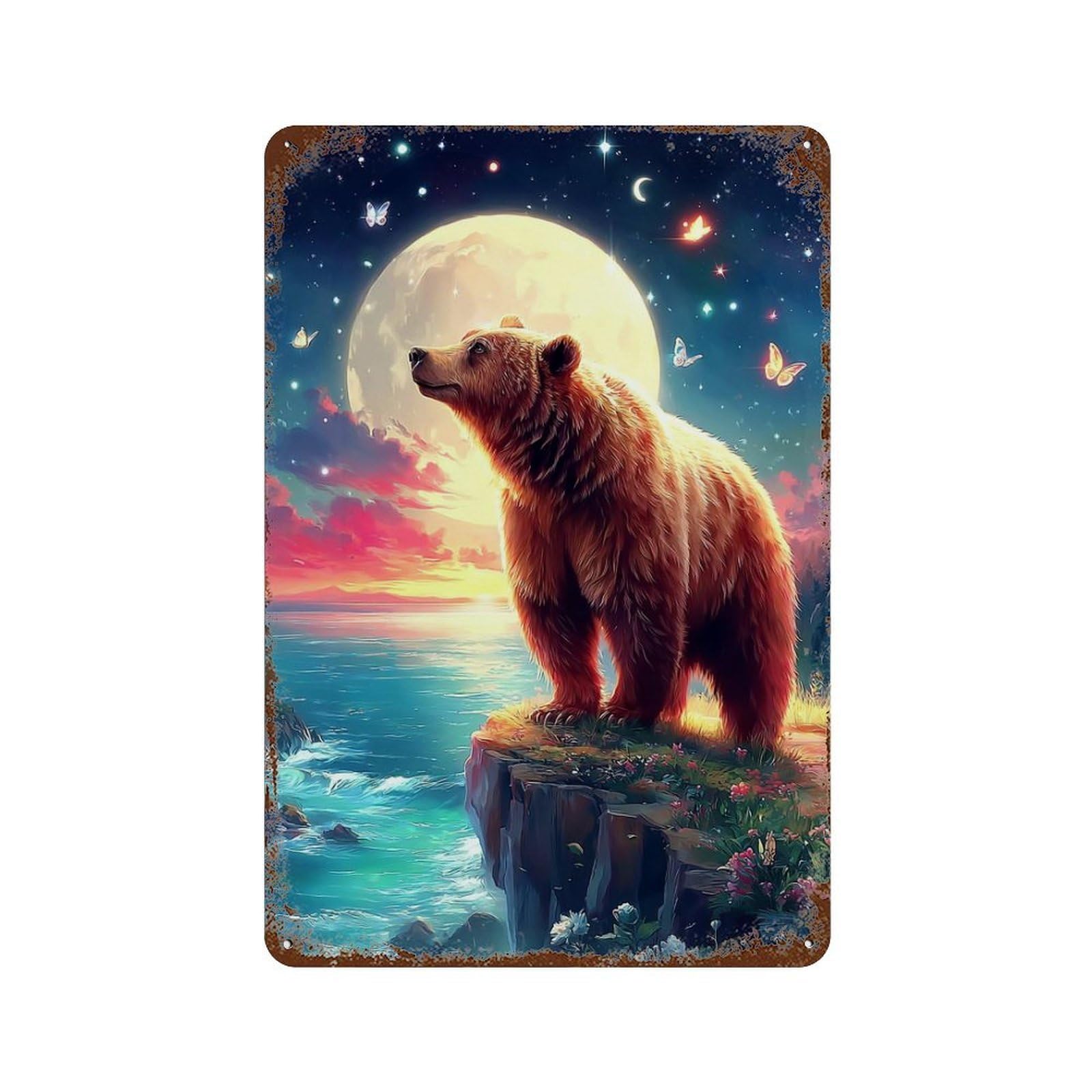 Aged Metal Wall Plaque with Magical Bear Sunset Scene -1 Design 11.8"x7.9", for Basement, Hobby Room And Garage Decor, Farmhouse Wall Decor