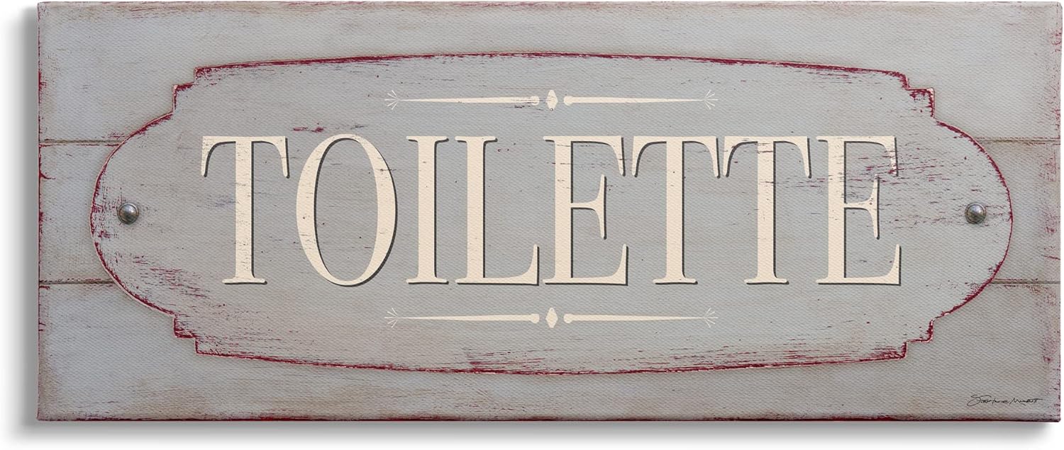 Stupell Industries Rustic Toilette Sign French Farmhouse Traditional Grain Pattern, Designed by Stephanie Workman Marrott Canvas Wall Art, 30 x 13, Beige