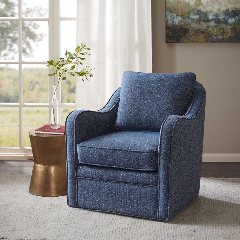 Madison Park Brianne Upholstered Swivel Curved Armchair 360 Degree Accent Chair with Metal Base Stand, Accent Chair Modern Classic Style Family Room Sofa Furniture, 29.5" Wide, Navy