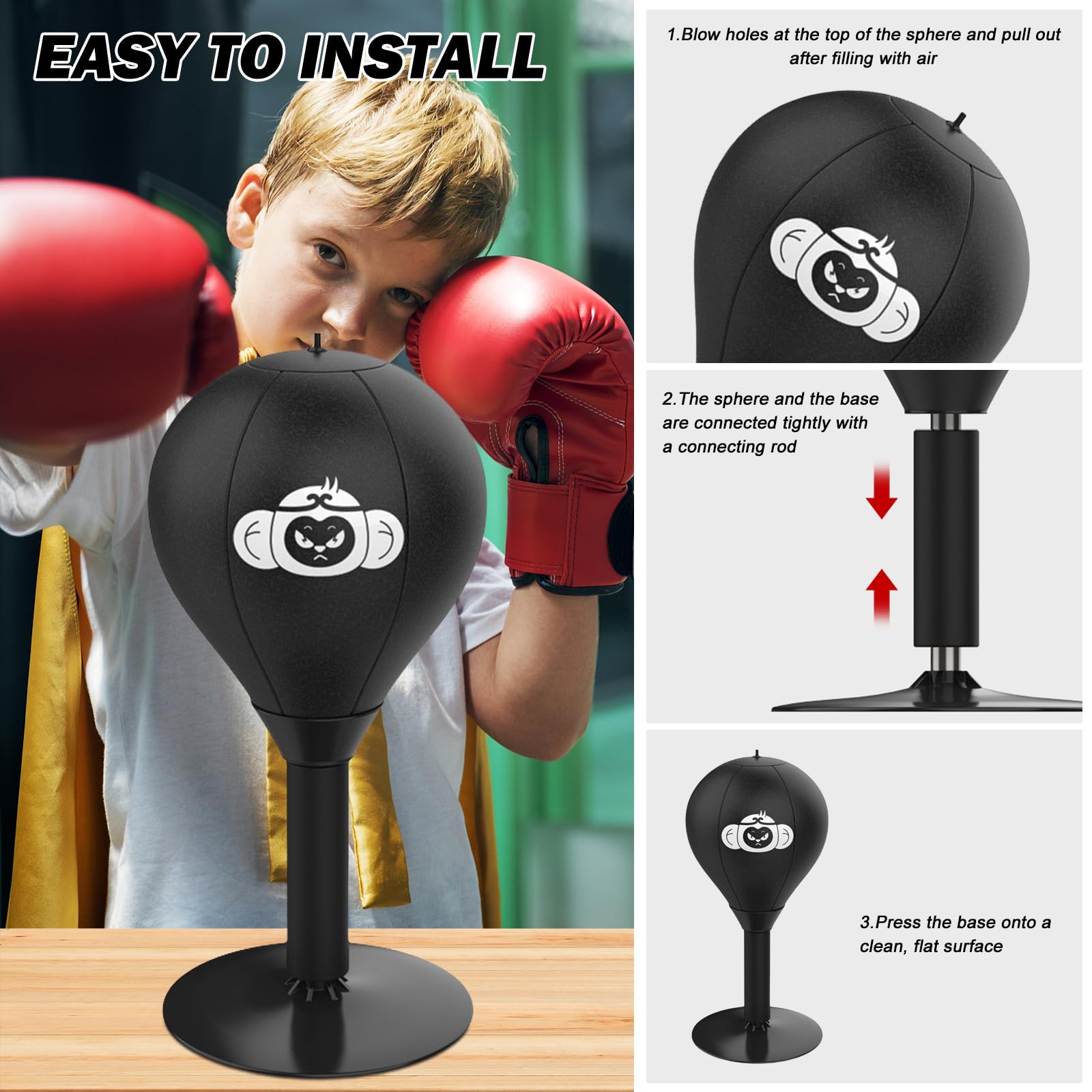 Sac de frappe de bureau avec ventouse, punching-ball de table anti-stress Noir