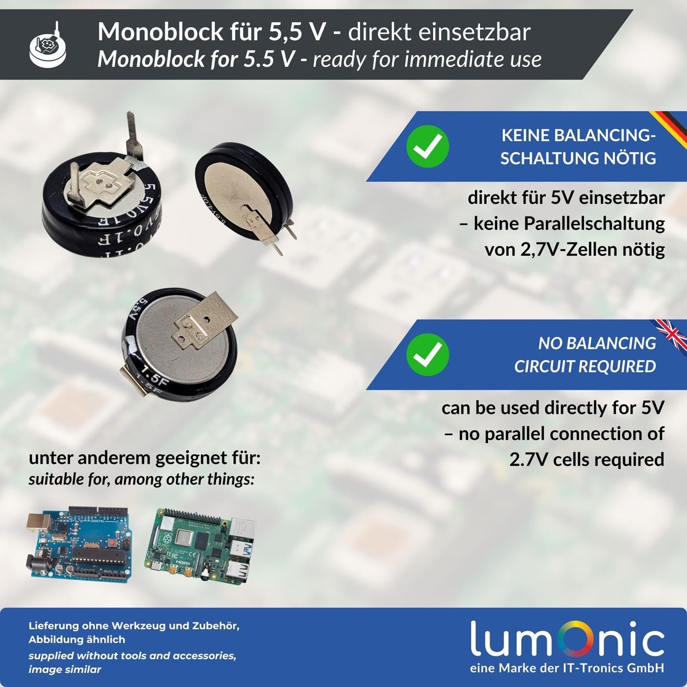 Lumonic Supercap 1,0F 5,5V V-Type EDLC Monoblocco Protezione da sfarfallio Backup PLC Riscaldamento