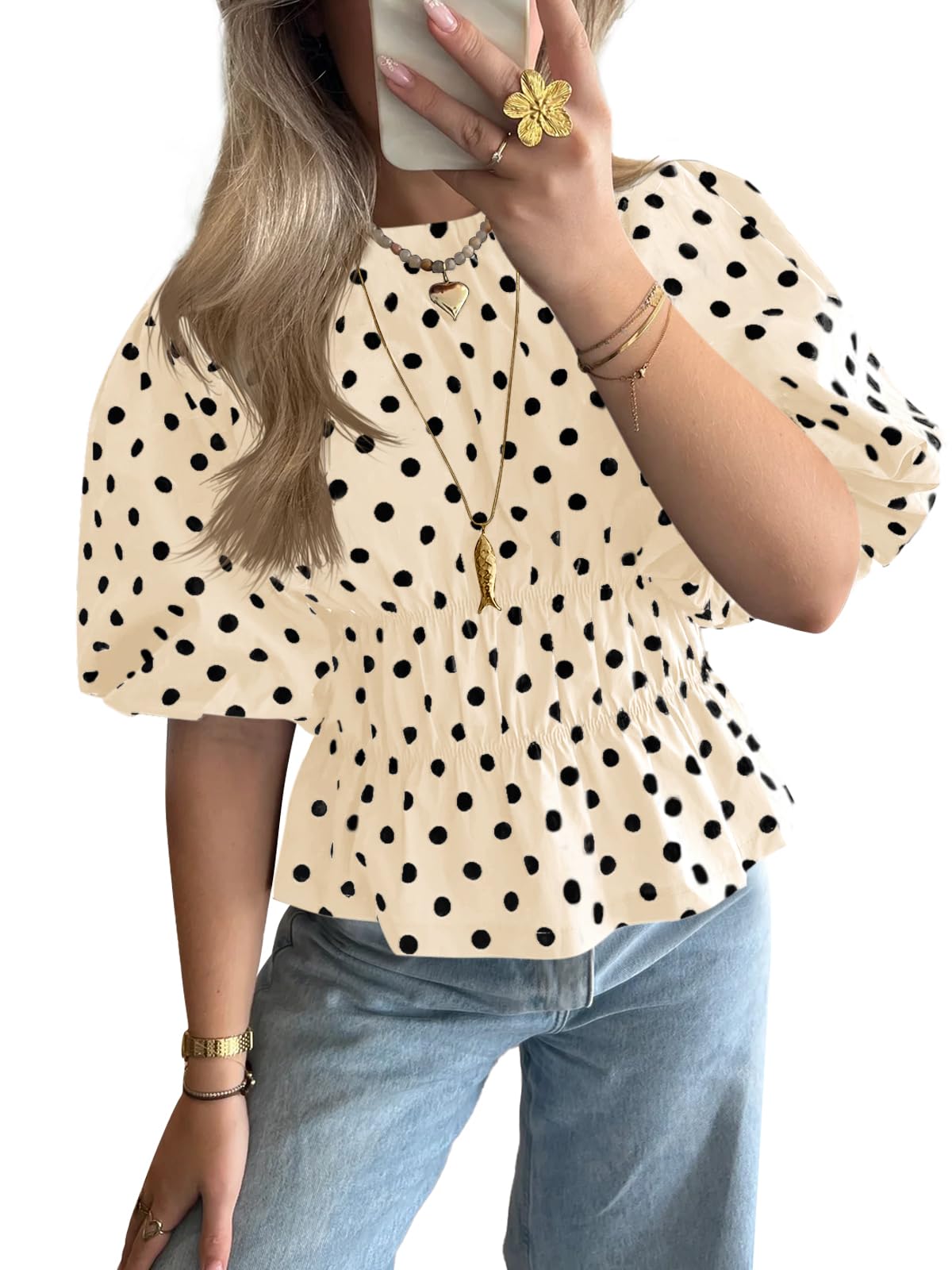 Cicy Bell Women Polka Dot Peplum Blouse Round Neck Puff Sleeve Summer Top
