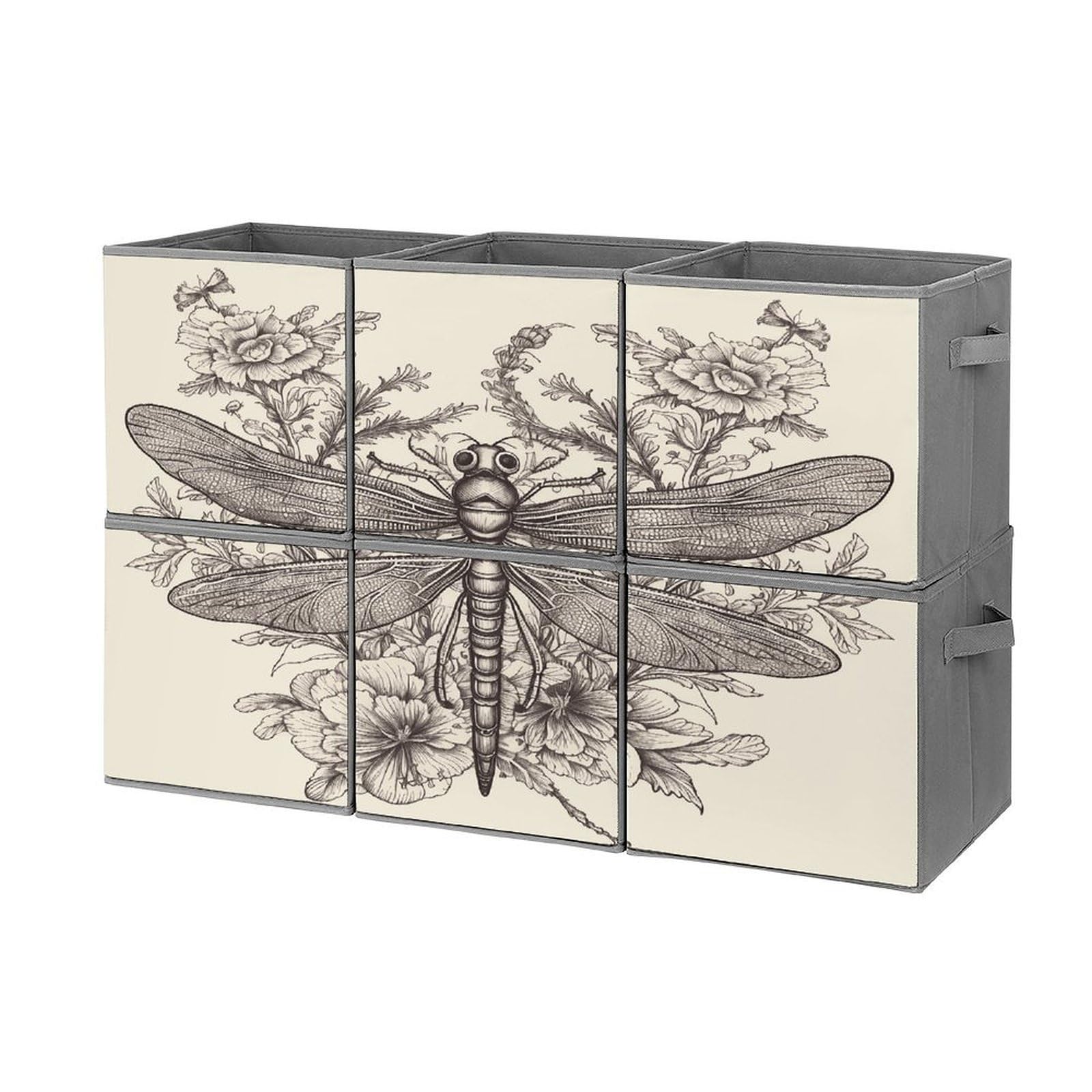 Btcowzrv Style Hand Drawn Floral Dragonfly Storage Cubes, 6 Pack Oxford Fabric Foldable Collapsible Bins With Handles, Cubby Storage Baskets Boxes For Closet Shelves Office Organization