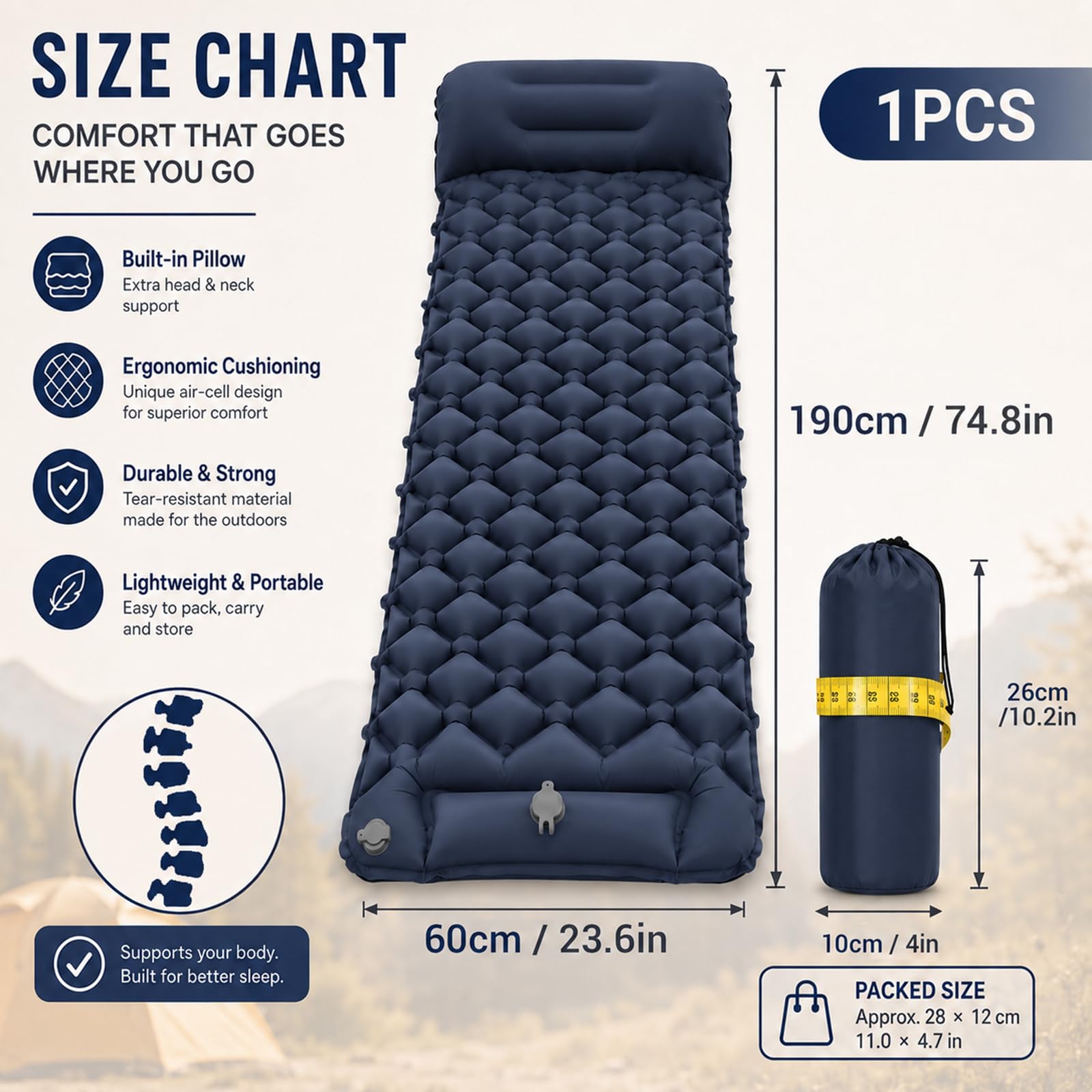 CIYIN Materassino Campeggio, Materassino Autogonfiante, Materasso Gonfiabile Singolo, con Pompa a Pedale, Ultraleggero e Pieghevole, per Escursionismo, Trekking, Tenda, Campeggio (Blu navy)