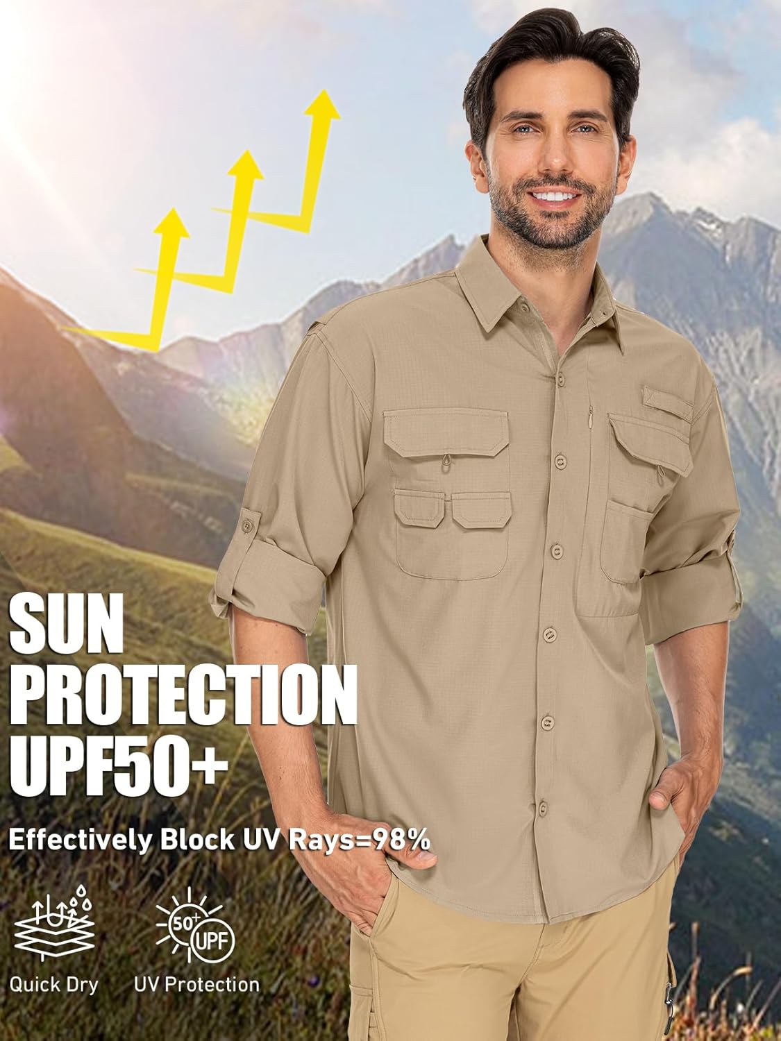 Men's Sun Protection Fishing Shirts Long Sleeve Travel UPF 50+ UV Quick Dry Cooling Safari Camping Hiking Button Down Shirts - Image 4