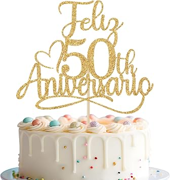 Feliz 50 Aniversario Cake Topper, Happy 50th Anniversary Cake Decorations, 50th Birthday Wedding Anniversry Party Decorations, Gold Glitter