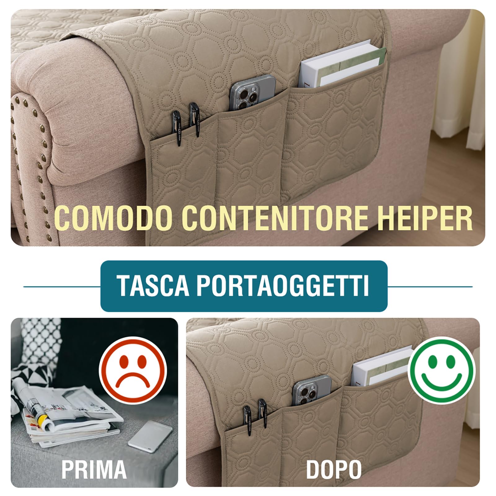 BellaHills 100% Impermeabile Copridivano 3 Posti Con Braccioli, Copridivano Antigraffio Gatto, Copri Divano Universale Con Tasche Laterali, Copridivani Mobili Protector, Seduta 172cm, Taupe